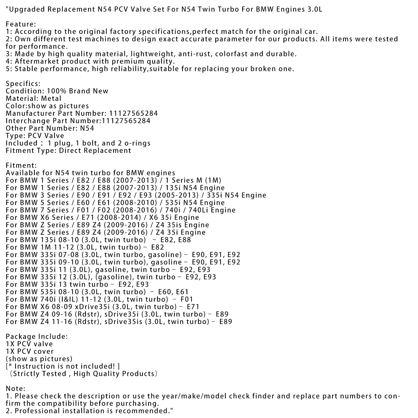 BMW 335I 2012 (3.0 l) (gasolina) Biturbo E92, Kit de válvulas PCV E93 N54 Reemplazo mejorado 11127565284