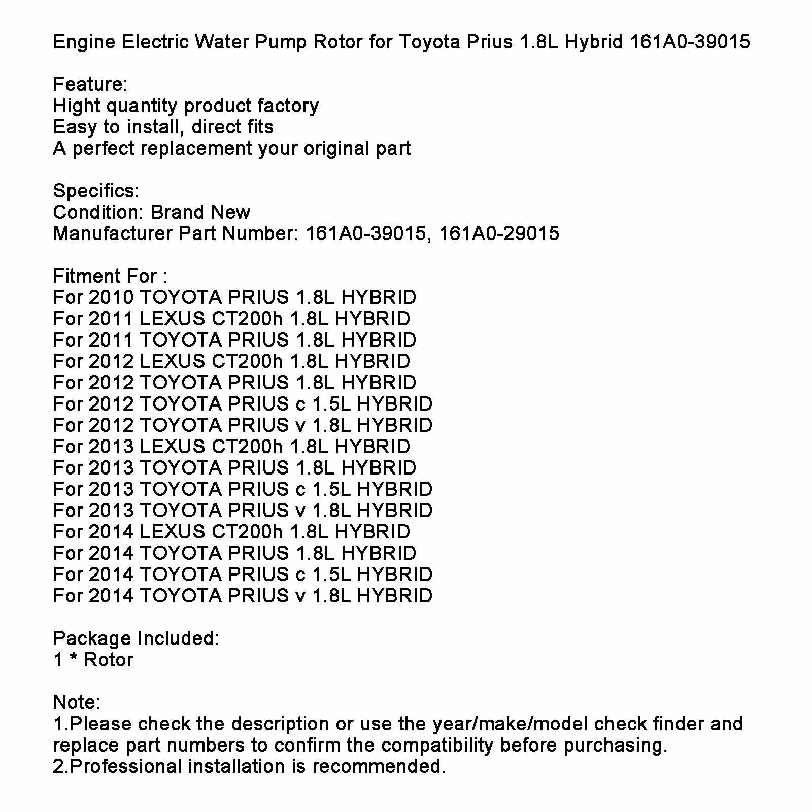 Rotor električne vodne črpalke motorja za Toyota Prius 1.8L Hybrid 161A0-39015