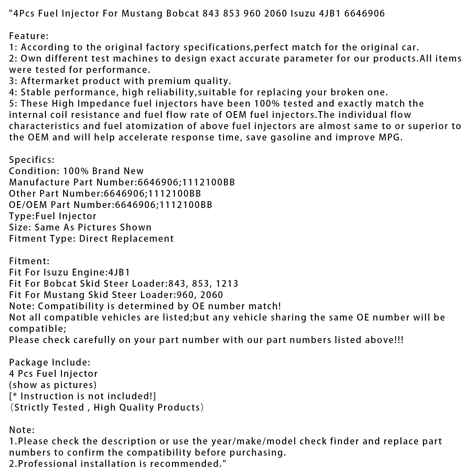 4x iniettore di carburante per Mustang Bobcat 843 853 960 2060 Isuzu 4JB1 6646906