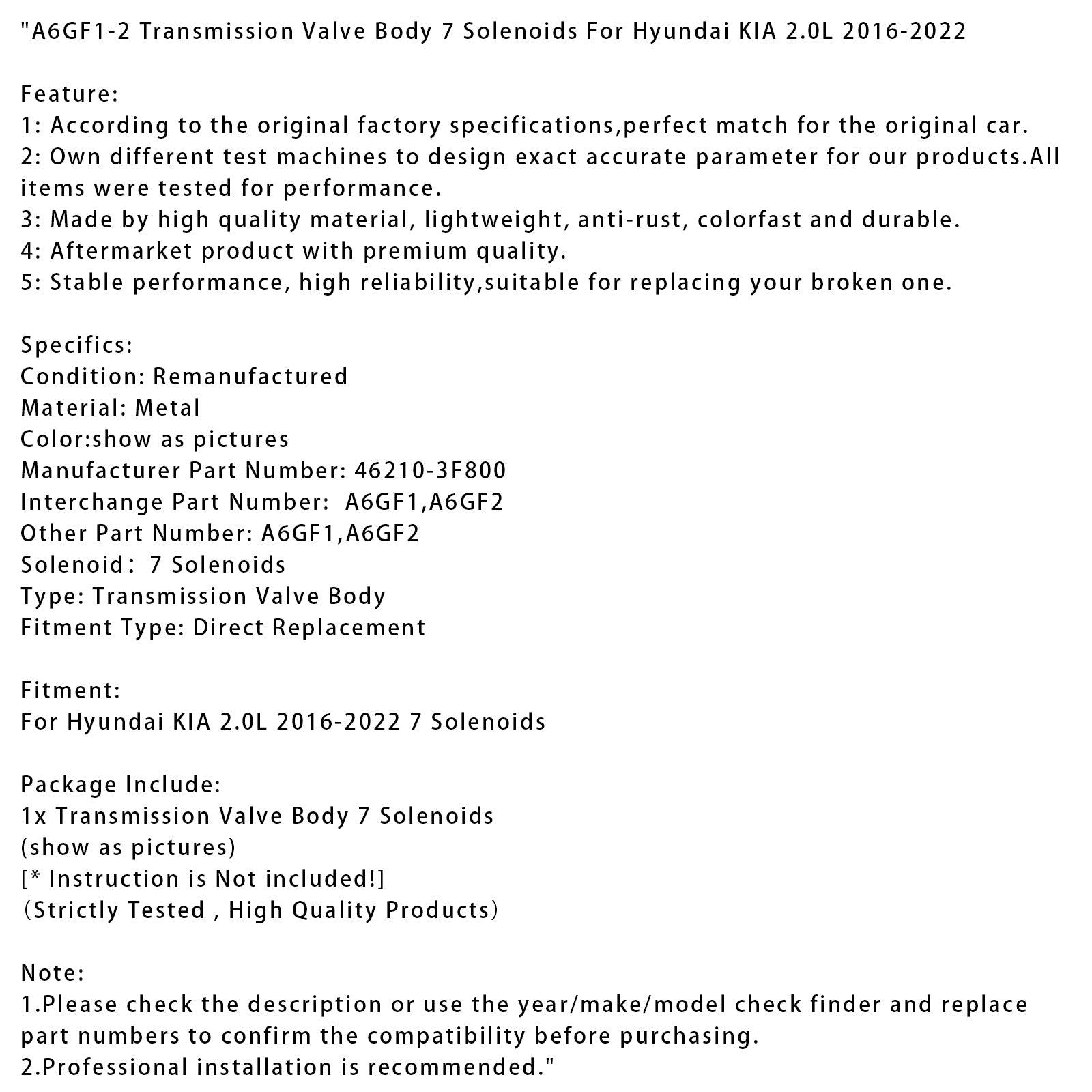Bloc de soupapes de transmission 7 solénoïdes pour Hyundai/KIA 2.0L A6GF1-2 (2016-2022)