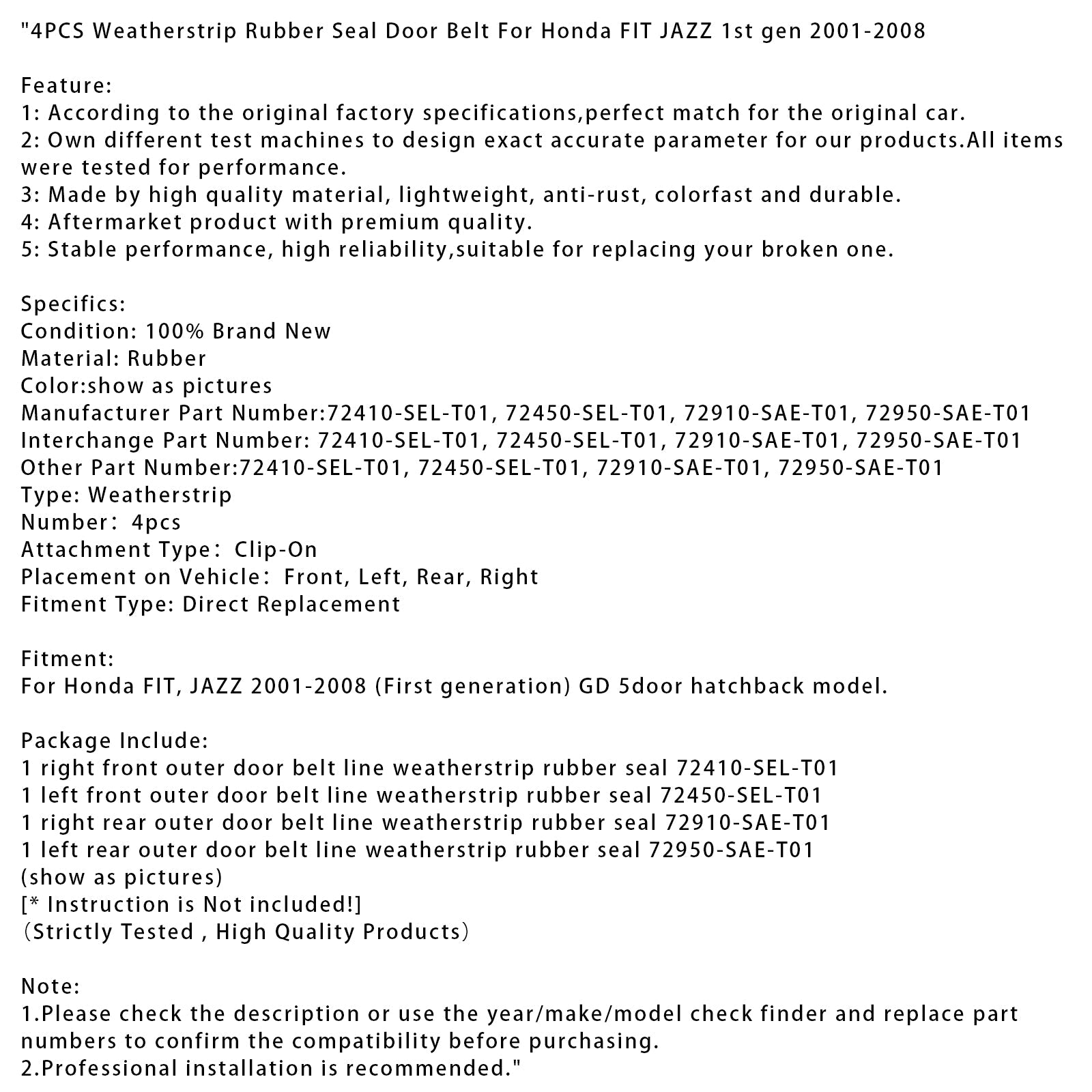 Joint d'étanchéité en caoutchouc pour ceinture de porte Honda FIT JAZZ 1re génération 2001-2008, 4 pièces