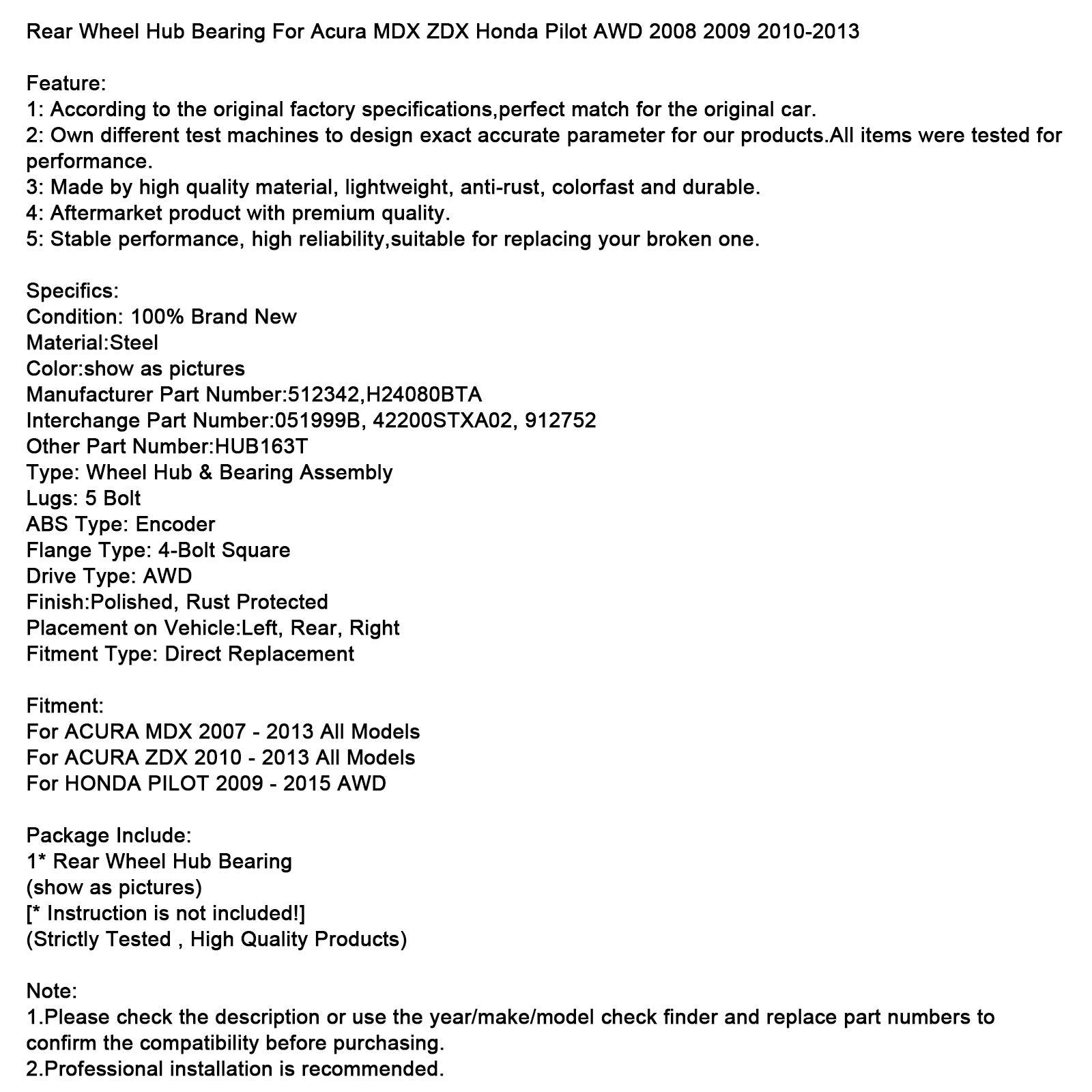 Roulement de moyeu de roue arrière pour Acura MDX ZDX Honda Pilot AWD 2008 2009 2010-2013
