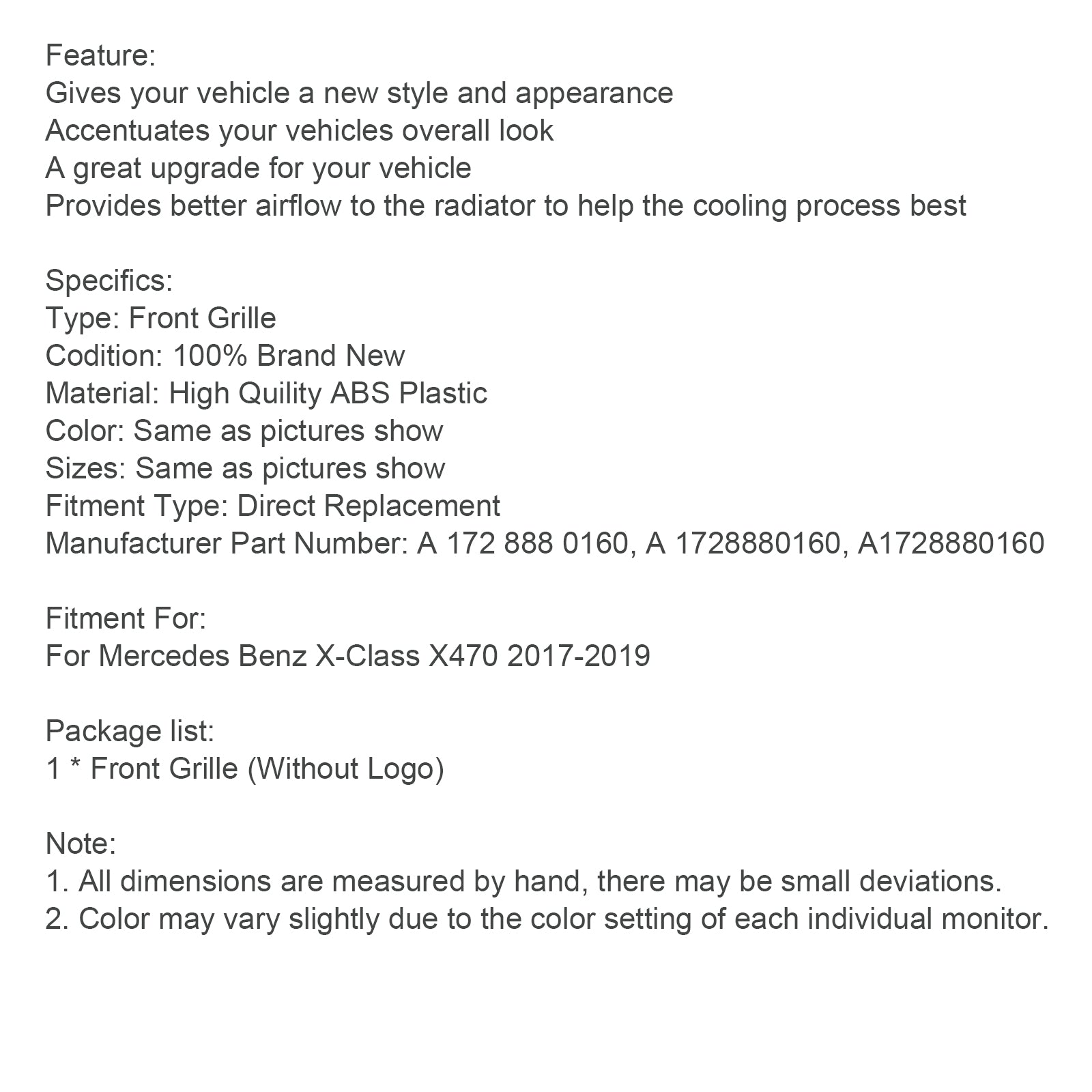 Grille de pare-chocs avant noire pour Mercedes Benz Classe X X470 2017-2019