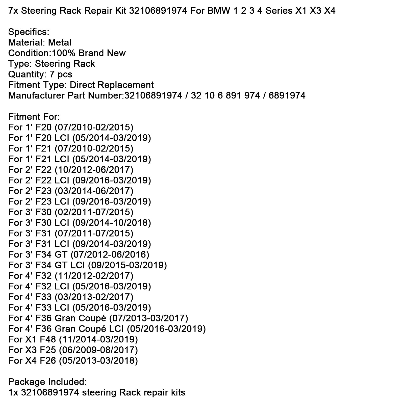 Kit de réparation de crémaillère de direction 7x 32106891974 pour BMW Série 1 2 3 4 X1 X3 X4