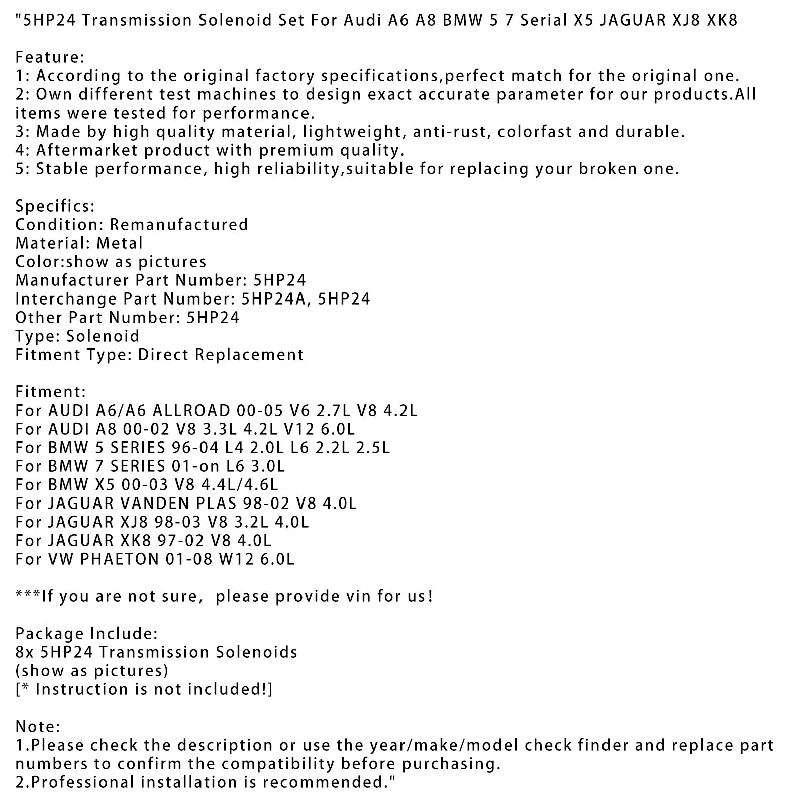2000-2002 AUDI A8 V8 3.3L 4.2L V12 6.0L 5HP24 Jeu de solénoïdes de transmission 5HP24 5HP24A