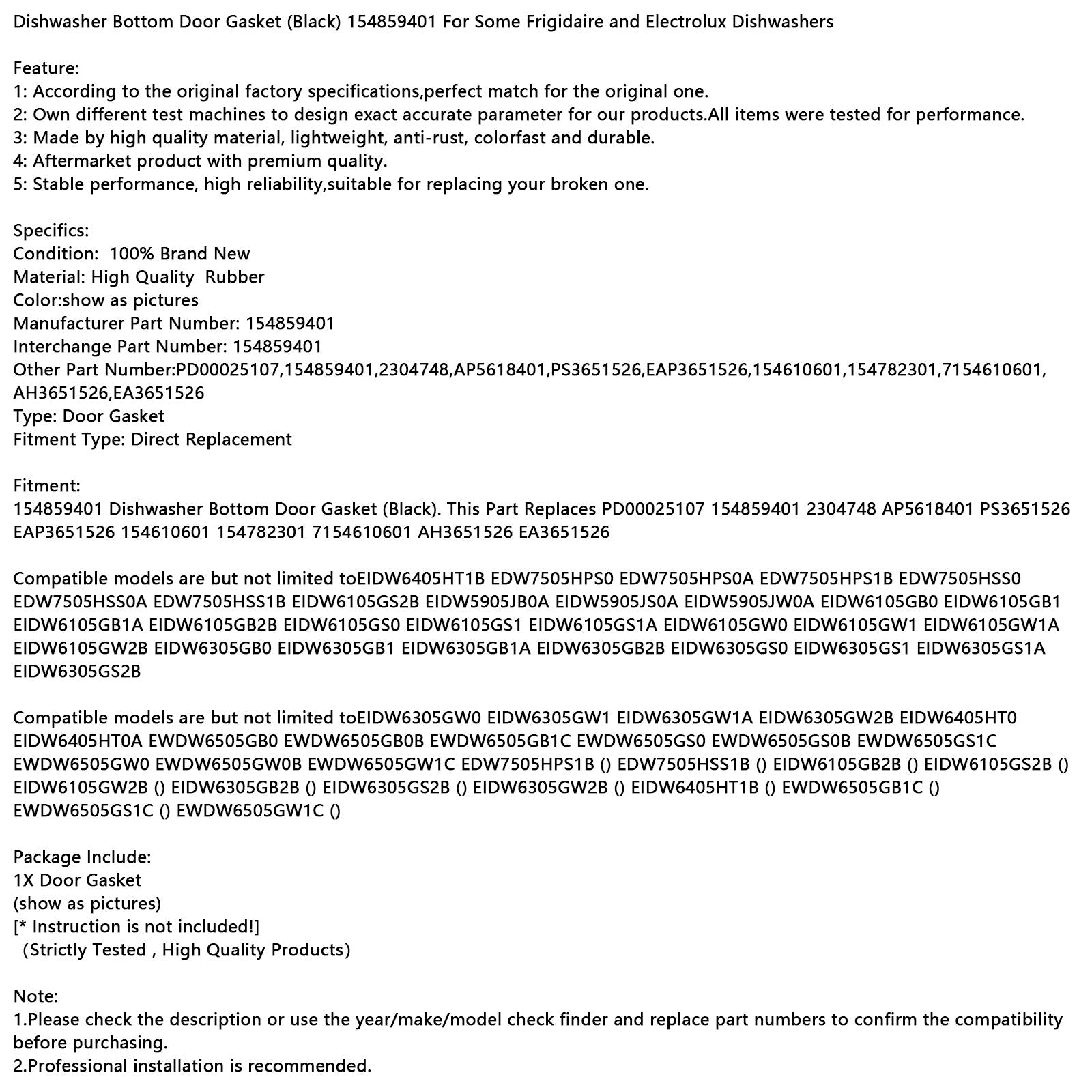 Joint de porte inférieur de lave-vaisselle (noir) 154859401 pour certains modèles Frigidaire/Electrolux