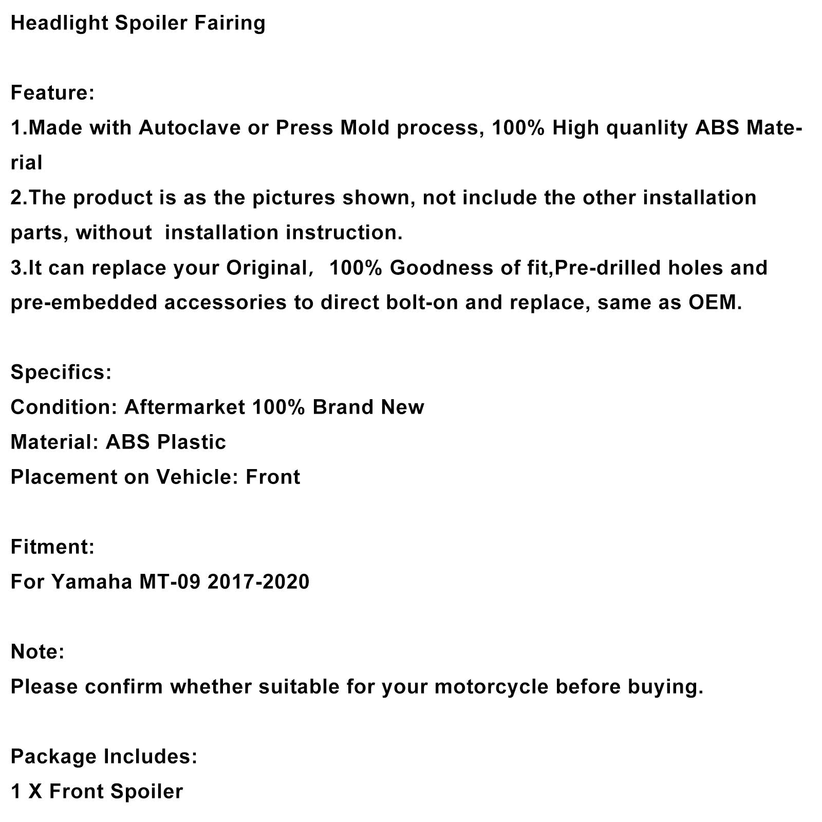 Spoiler faro anteriore aerodinamico per Yamaha MT-09 2017-2020