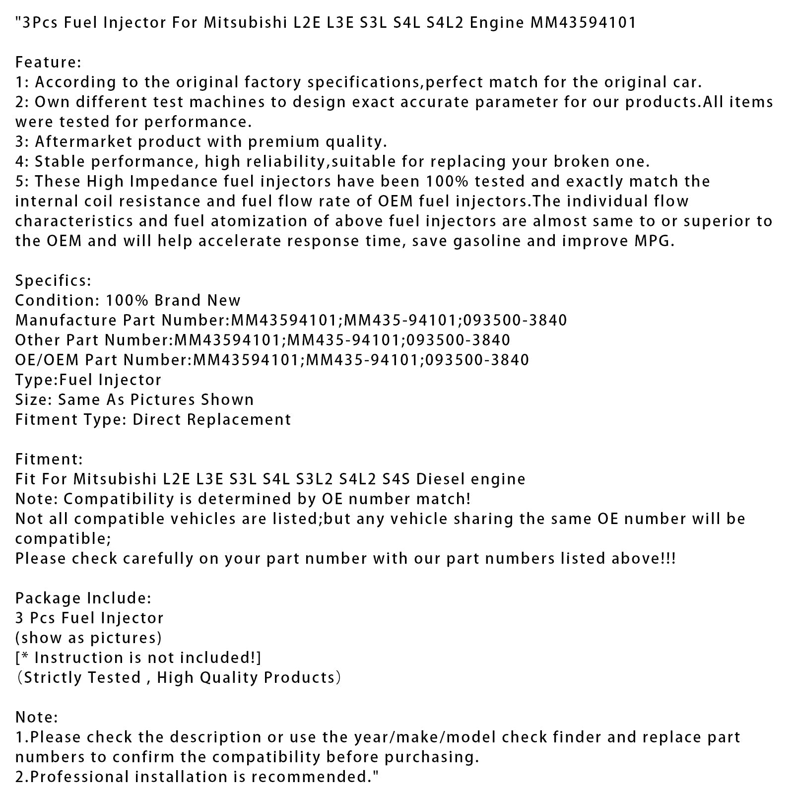 3 injecteurs de carburant pour moteur Mitsubishi L2E L3E S3L S4L S4L2 MM43594101