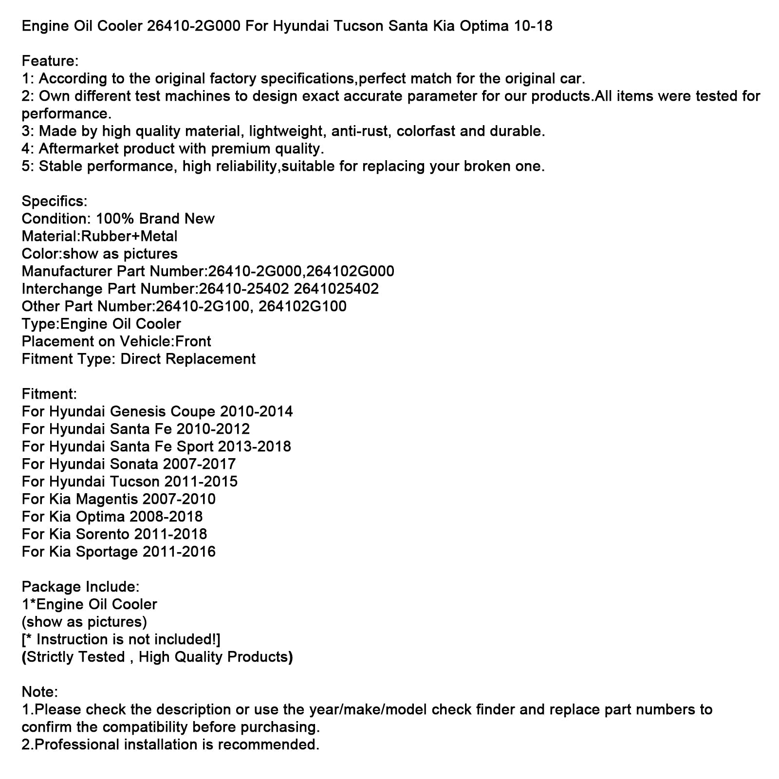 Refroidisseur d'huile moteur 26410-2G000 pour Hyundai Tucson Santa et Kia Optima 2010-2018