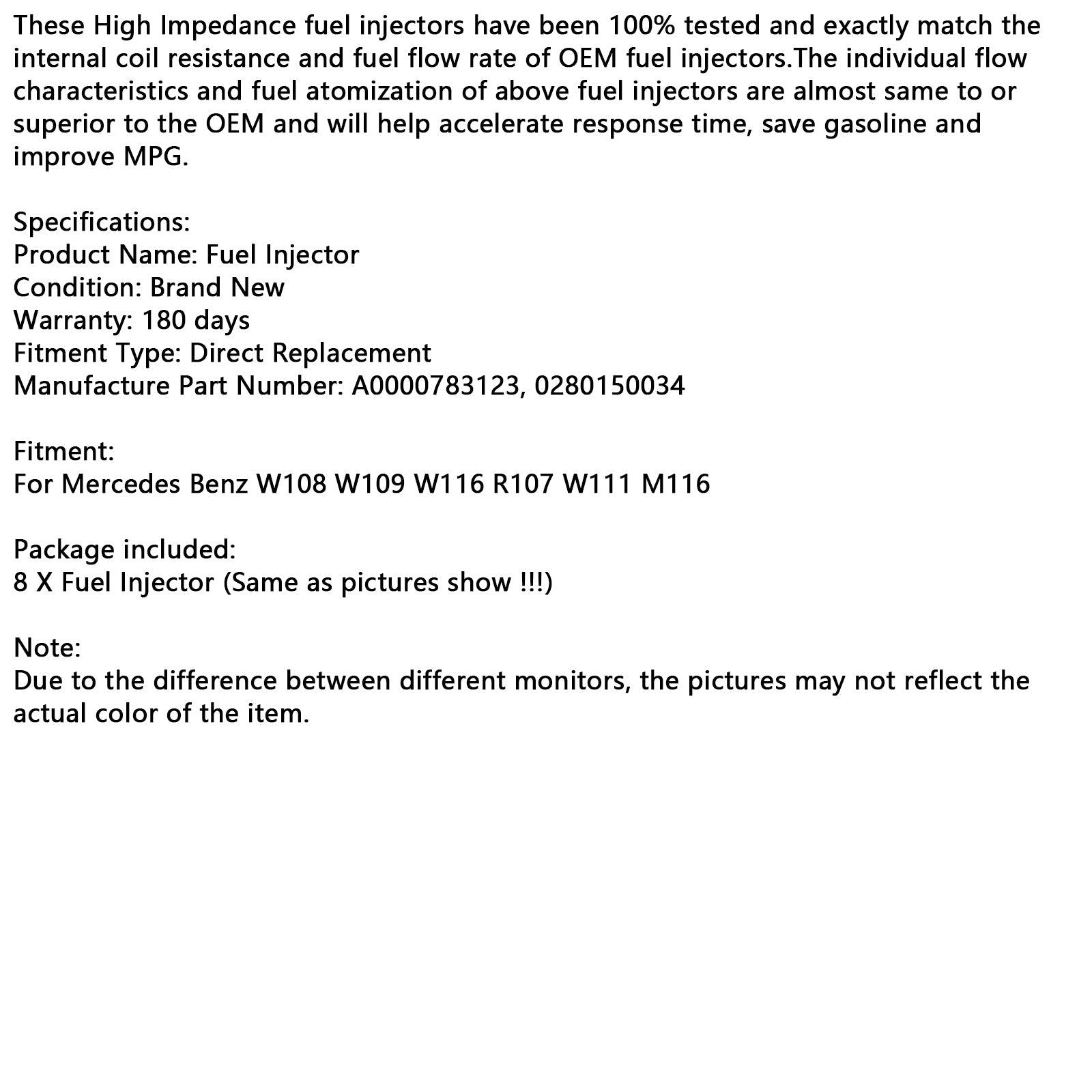 Injecteur de carburant 8 pièces pour Mercedes W108 W109 W116 R107 W111 M116 0000783123