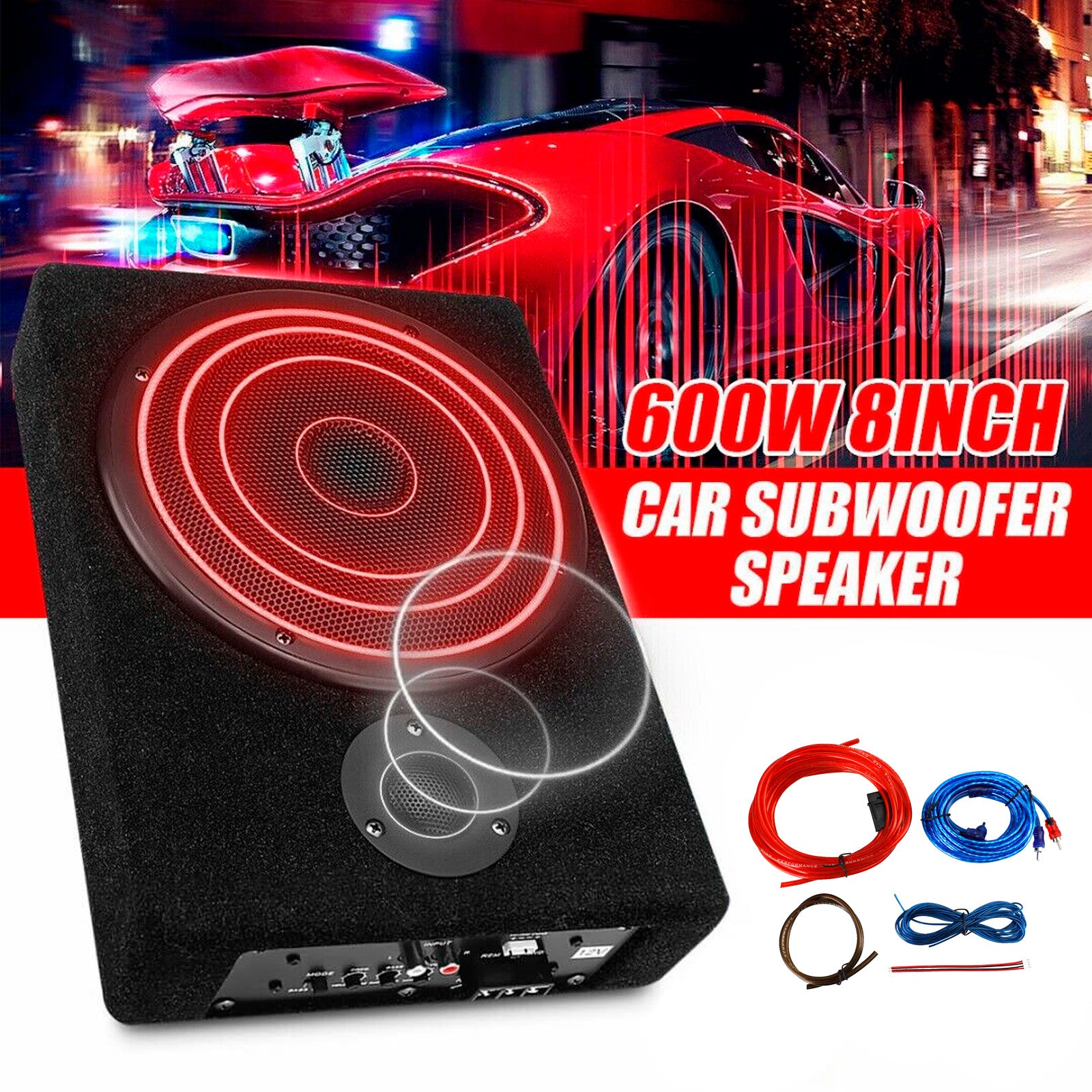8" 600W autosubwoofer voor onder de stoel, versterker, luidspreker, audiosubwoofer, slanke behuizing, VS