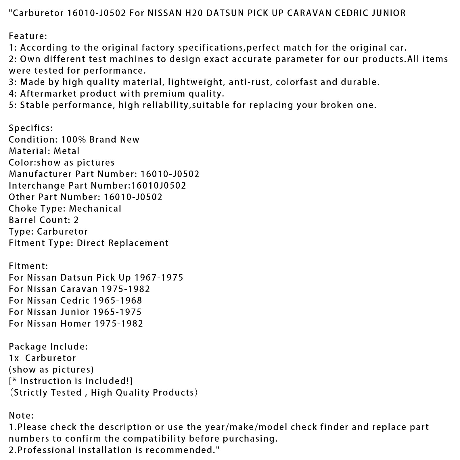 Carburateur Nissan Homer 1975-1982 16010-J0502