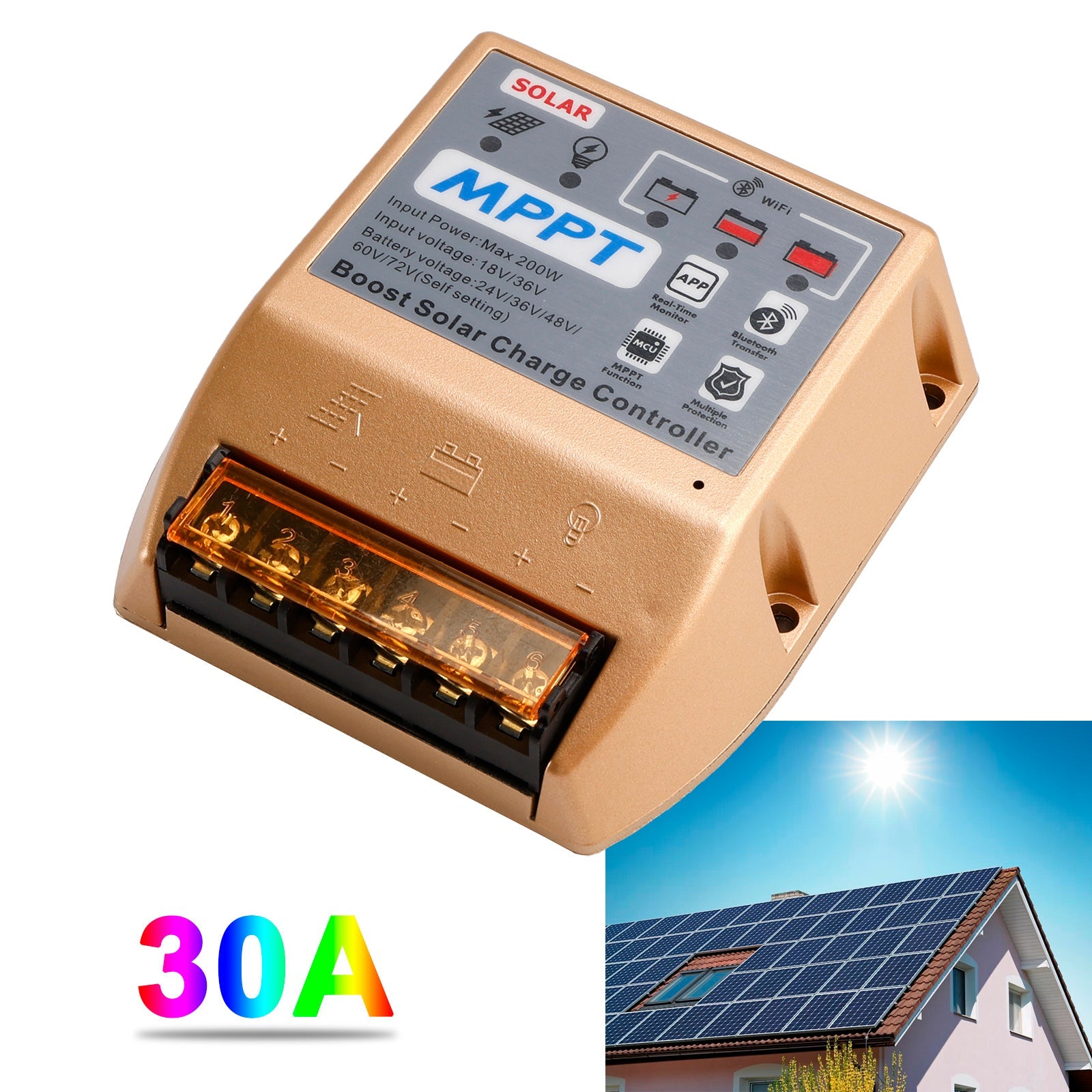 Contrôleur solaire MPPT Boost 10 A/20 A/30 A 24 V, 36 V, 48 V, 60 V, 72 V, application mobile, contrôle intelligent