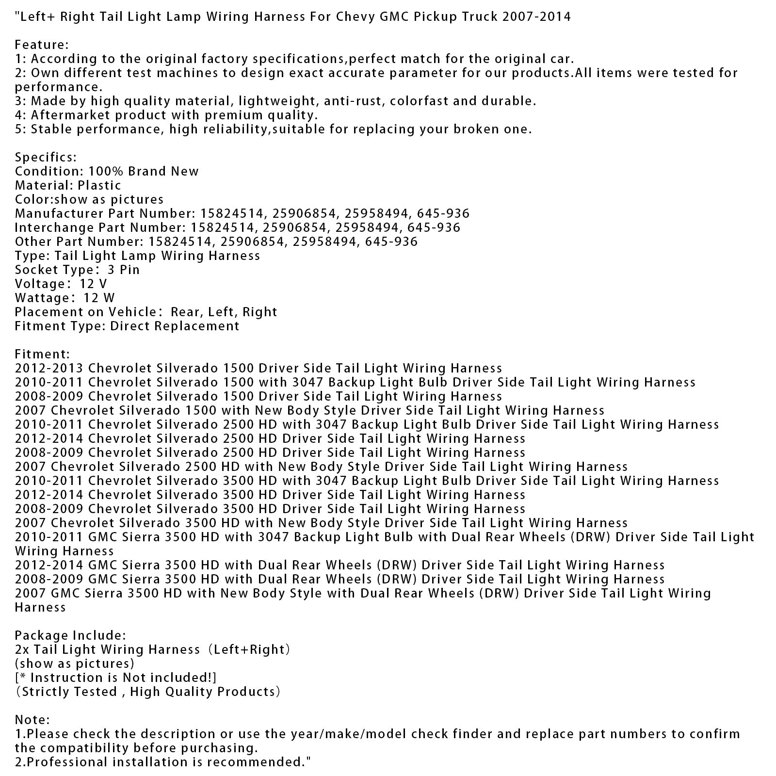 Arnés de cableado de luces traseras izquierda y derecha para camionetas Chevy GMC (2007-2014)