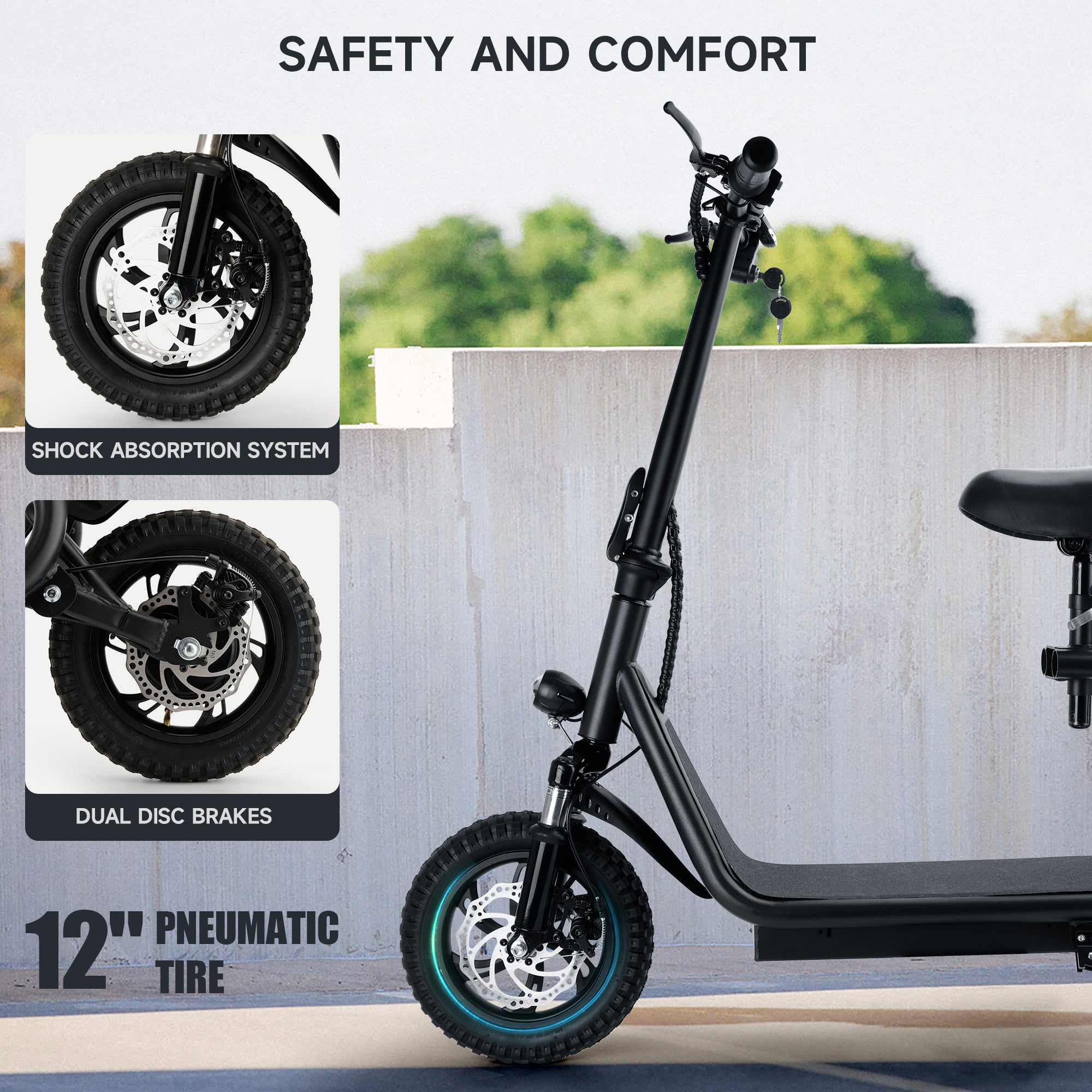 Trottinette Électrique Pliable 500W 36V pour Adultes avec Panier Arrière Roues 12 Pouces Freins Avant et Arrière et Suspension