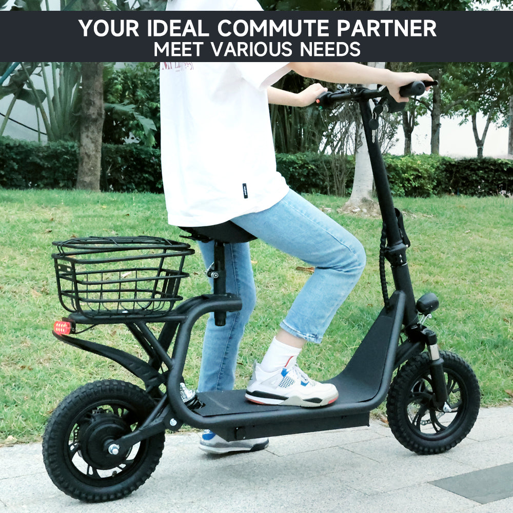 Trottinette Électrique Pliable 500W 36V pour Adultes avec Panier Arrière Roues 12 Pouces Freins Avant et Arrière et Suspension