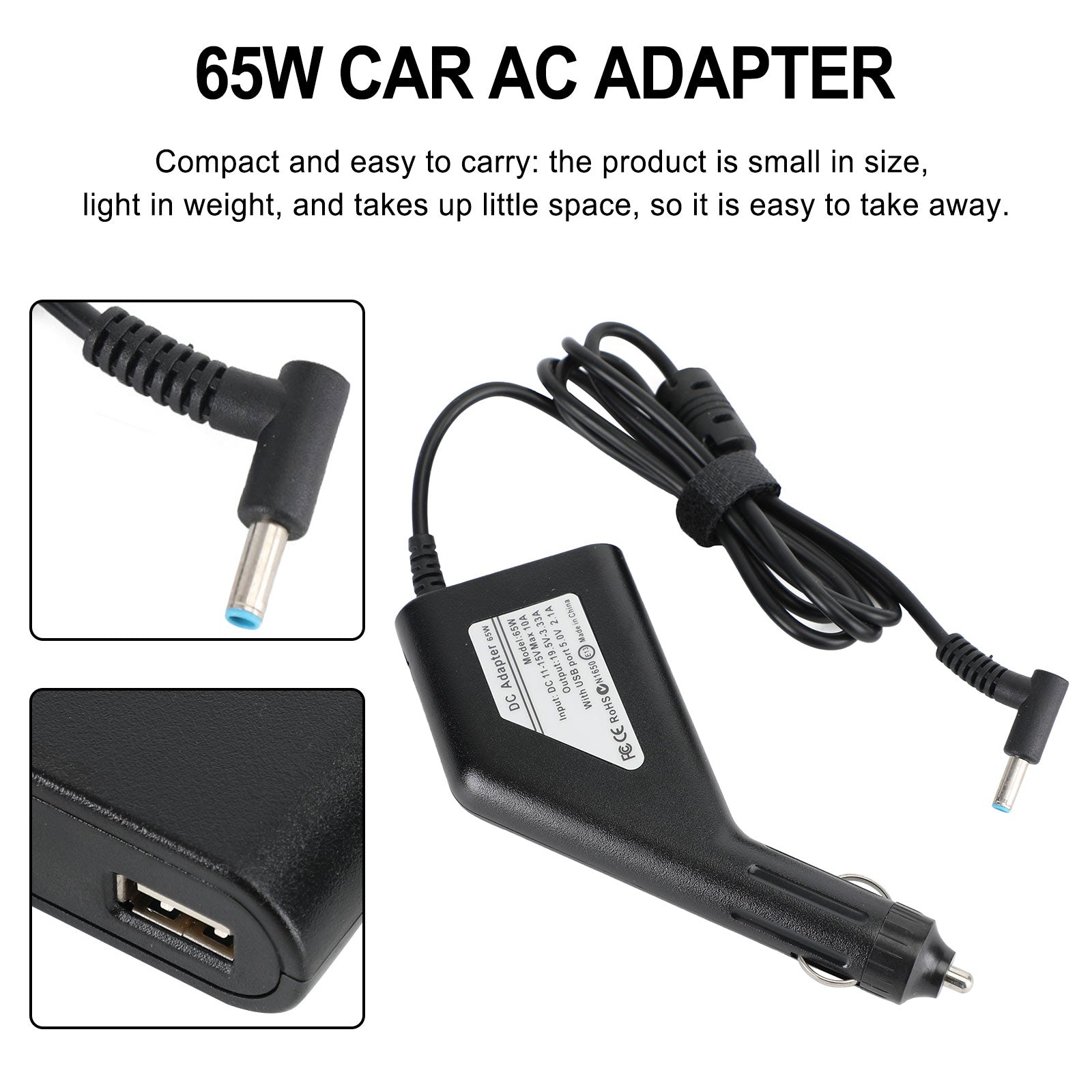Cargador de coche para ordenador portátil de 65W, fuente de alimentación, adaptador de CC Universal para HP 19,5V 3,33A