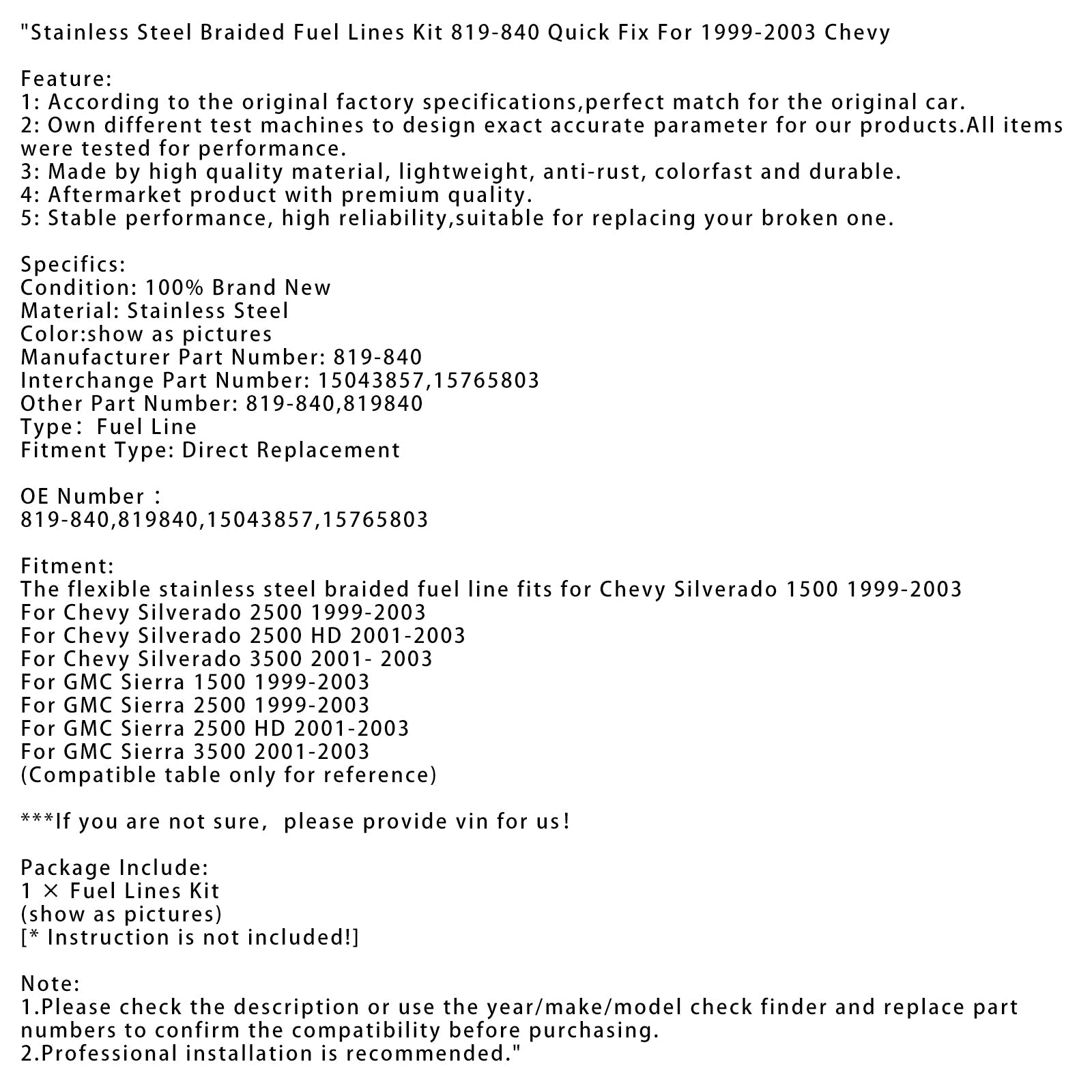 Kit de línea de combustible trenzada de acero inoxidable para Chevy Silverado 2500 HD 2001-2003 819-840 Quick Fix