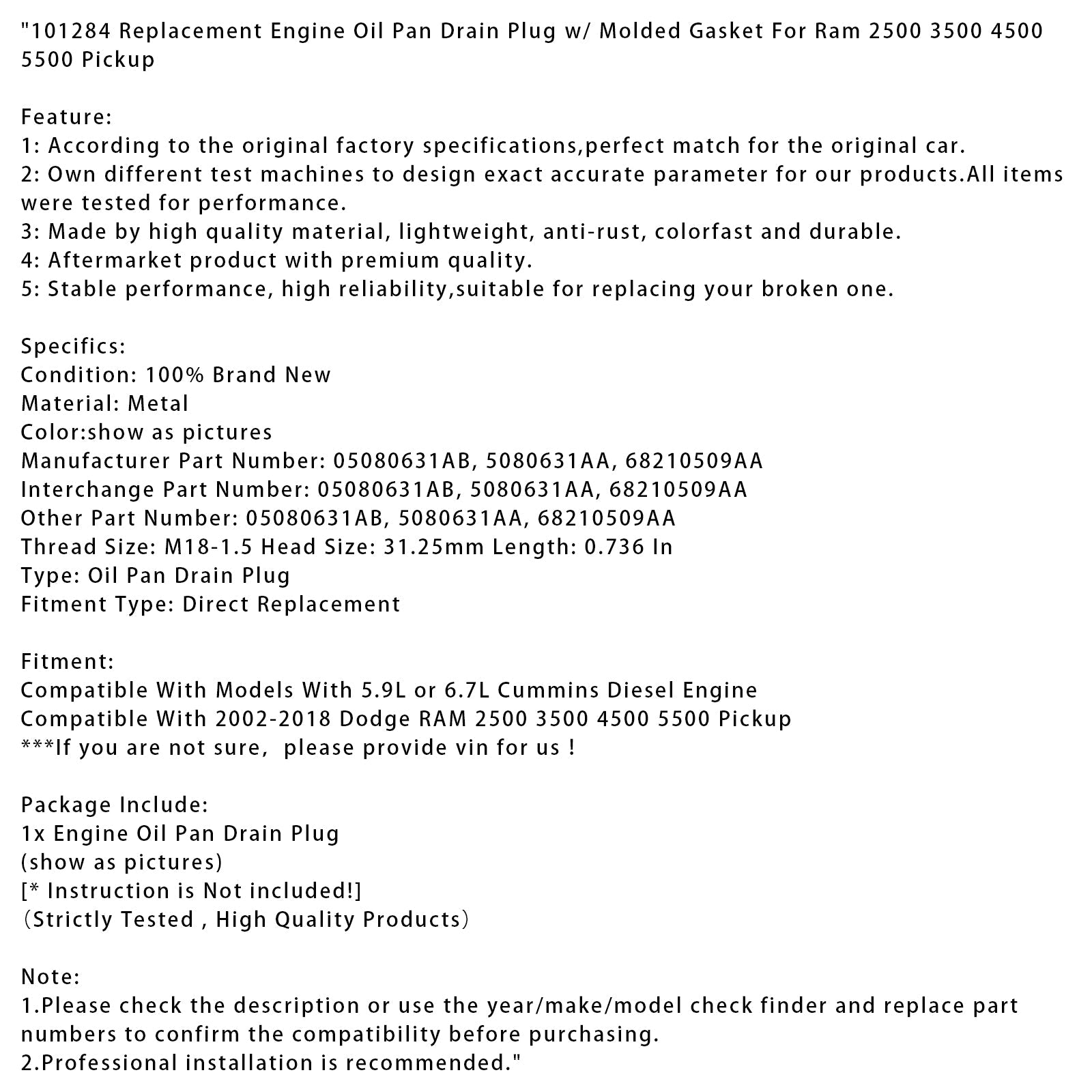 tappo di scarico'101284 olio motore per pick-up Ram 2500, 3500, 4500 e 5500