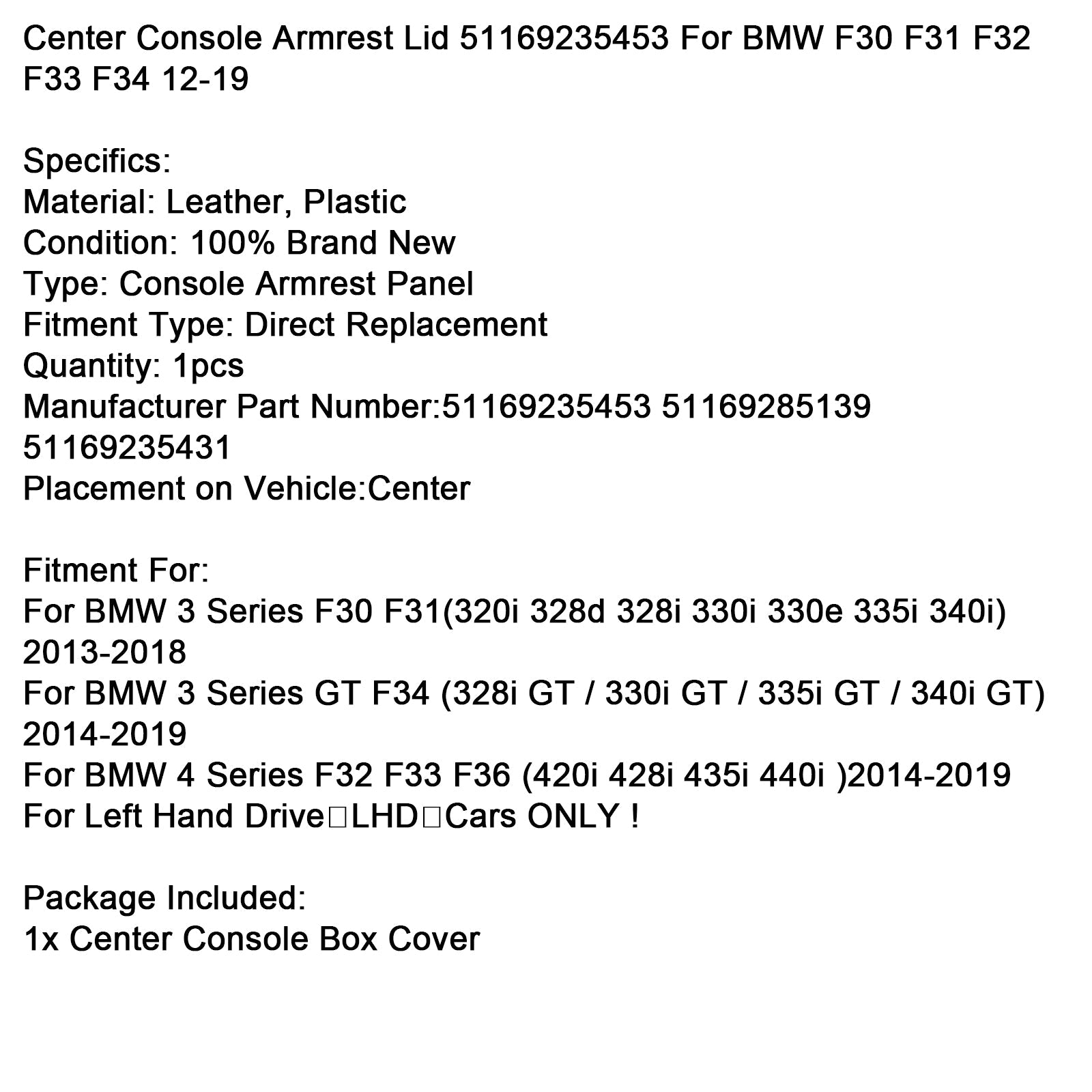 Couvercle d'accoudoir central pour BMW Série 4 F32 F33 F36 (420i, 428i, 435i, 440i) 2014-2019 51169235453