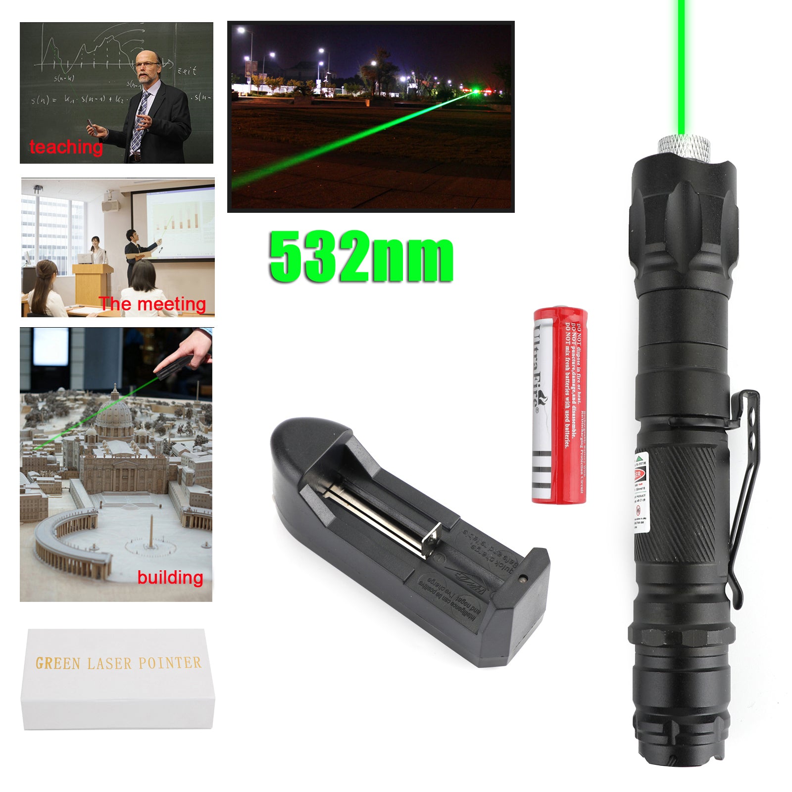 Military 100Miles 532nm Green Laser Pointer Pen Visible Beam + Battery +Star Cap