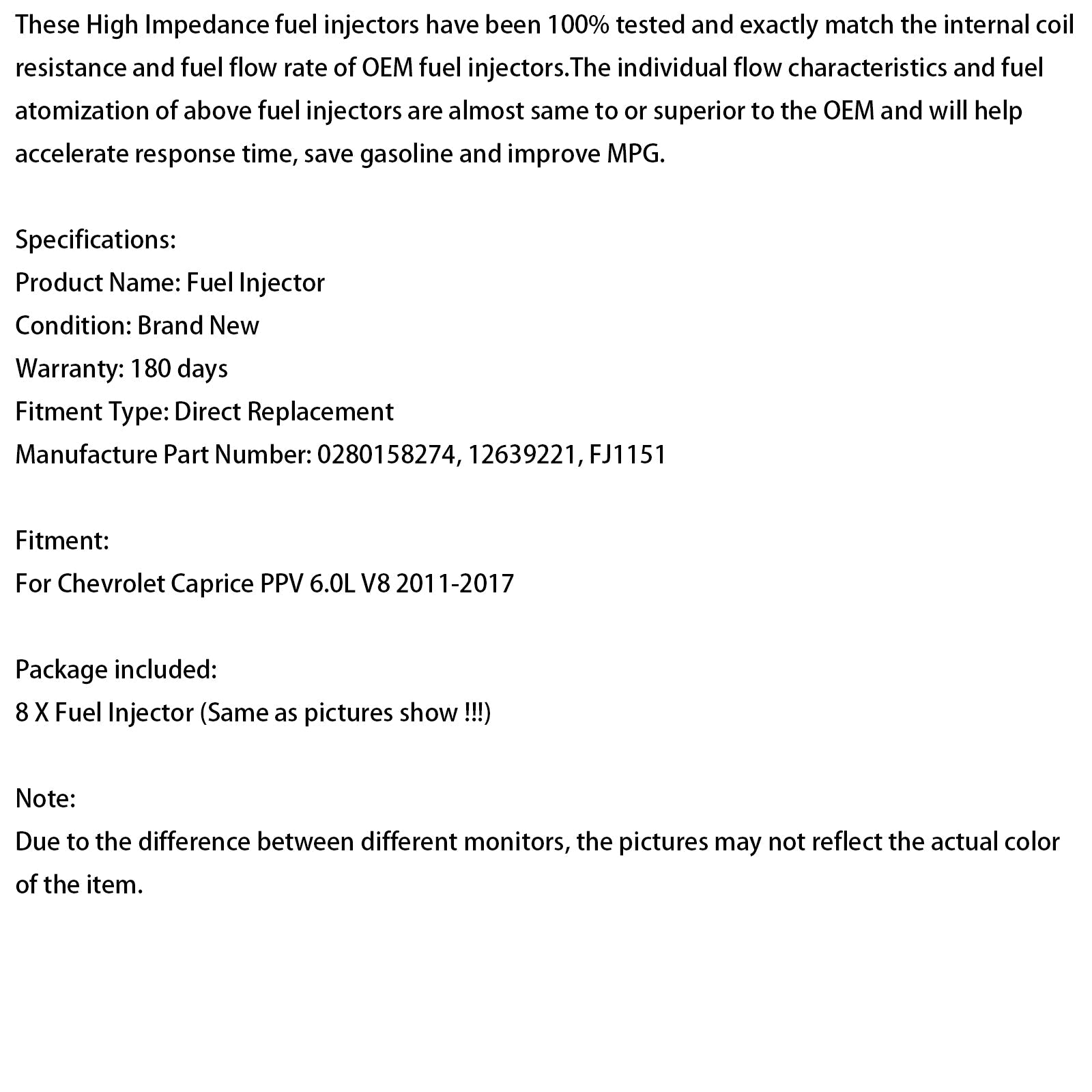 Inyector de combustible 8 piezas 12639221 0280158274 para Chevrolet Caprice PPV 6.0L V8 2011-2017