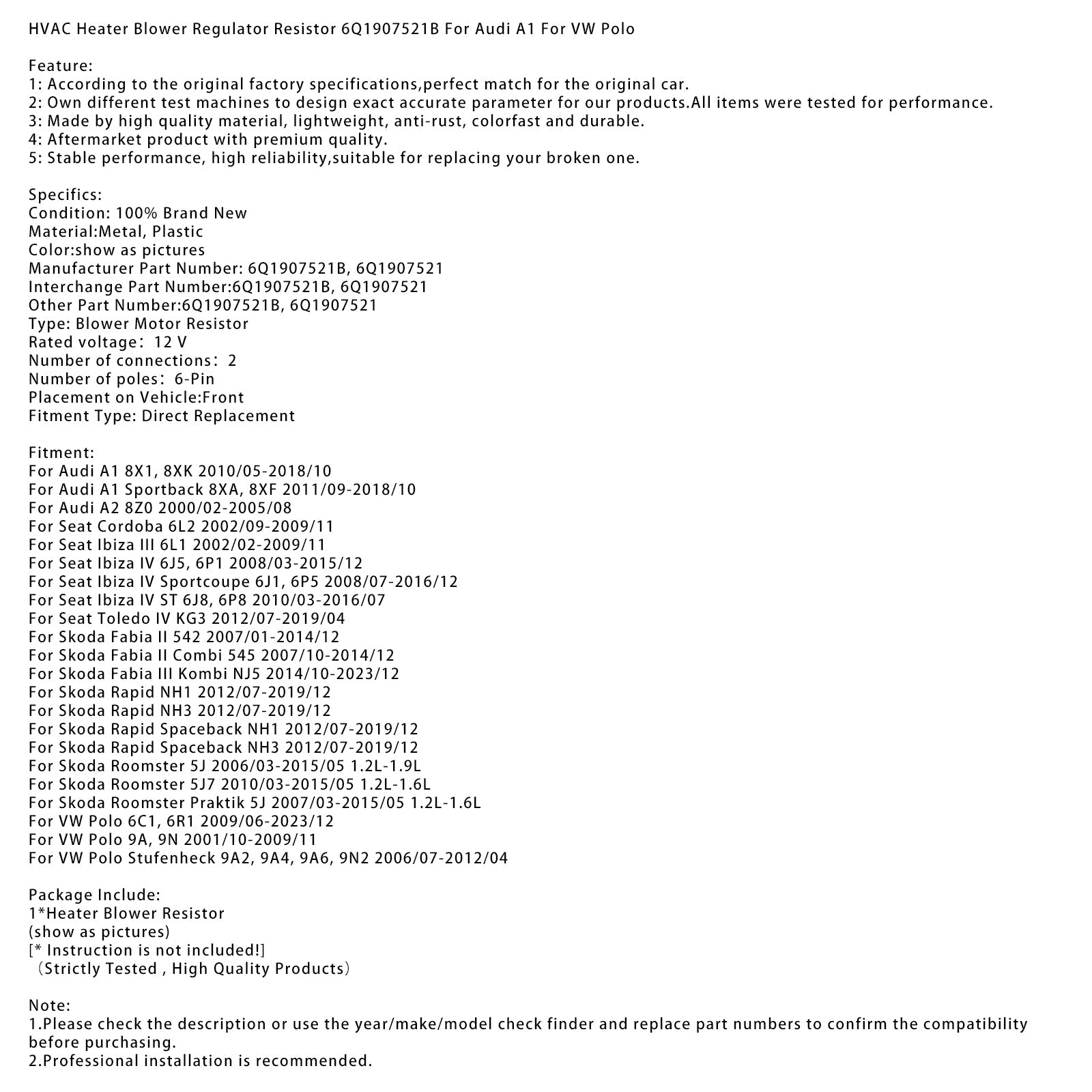 Resistencia del regulador del ventilador del calentador HVAC 6Q1907521B para Audi A1 y VW Polo