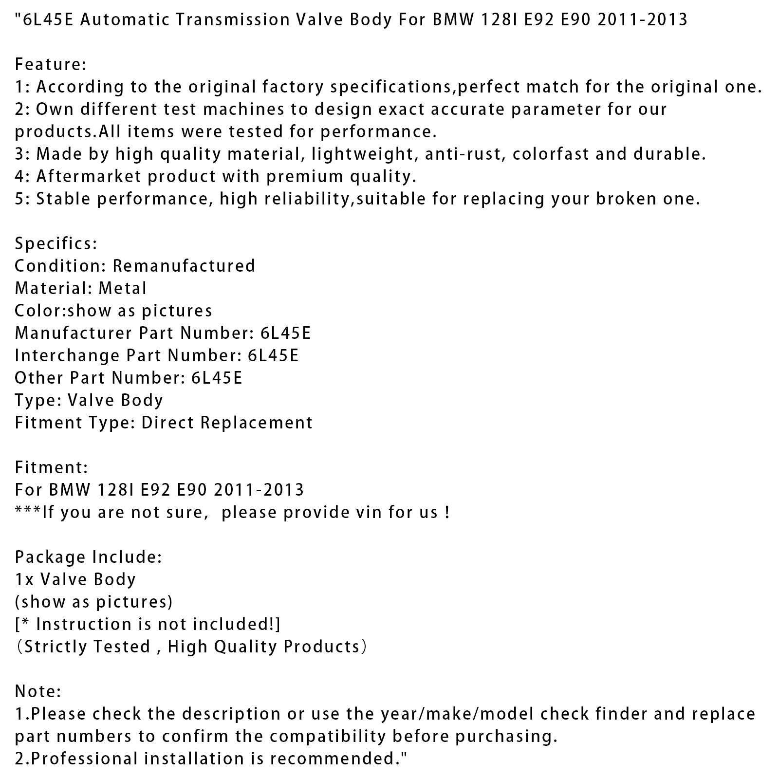 Corps de soupape de transmission automatique 6L45E pour BMW 128I E92 E90 2011-2013