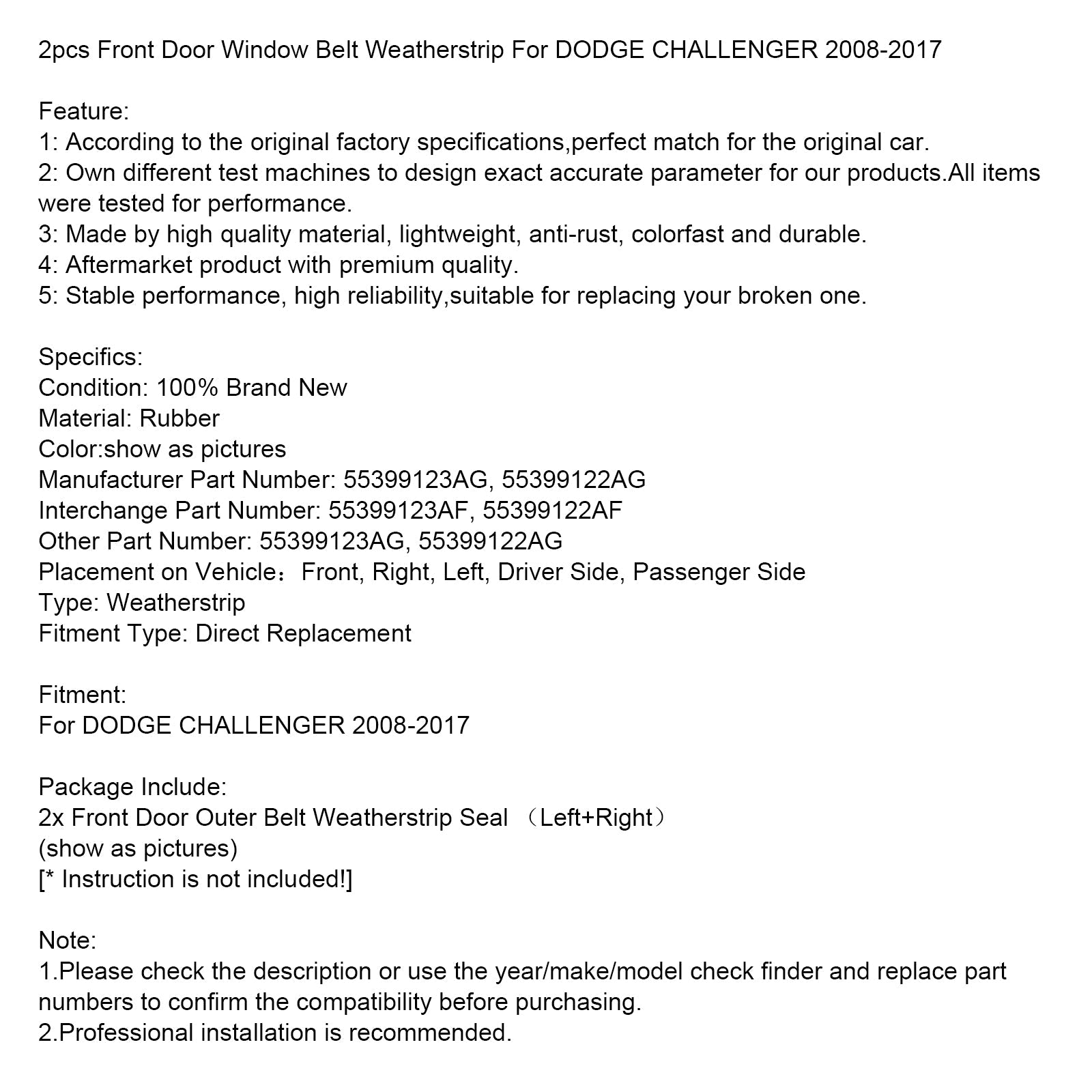 2008-2017 DODGE CHALLENGER 2 szt. Uszczelka paska okna przednich drzwi