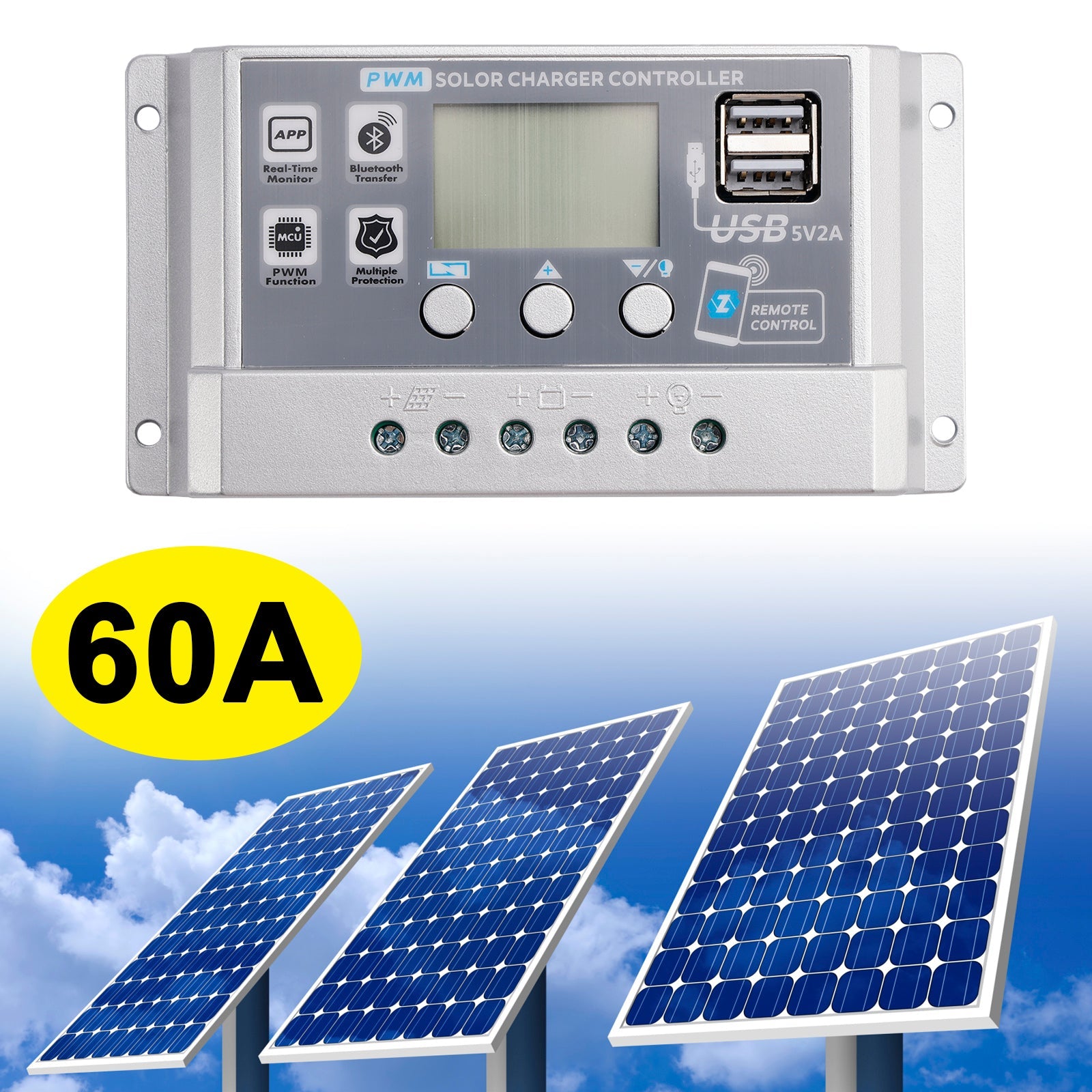 Contrôleur solaire PWM 10A-60A, application mobile, contrôle intelligent