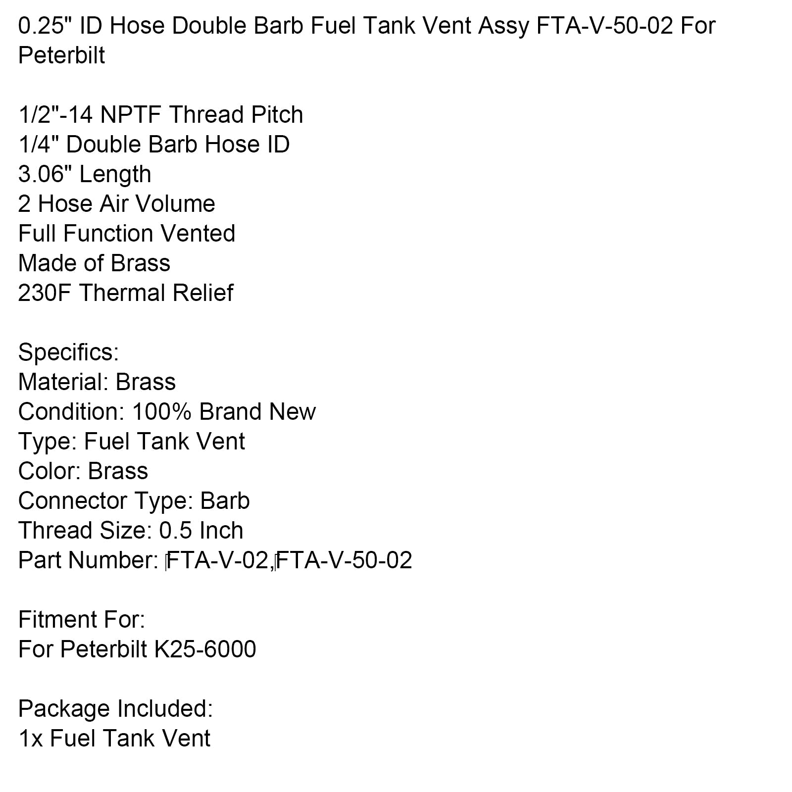 Tubo di 0,25""diametro interno, doppia scanalatura, gruppo di sfiato del serbatoio del carburante FTA-V-50-02 per Peterbilt