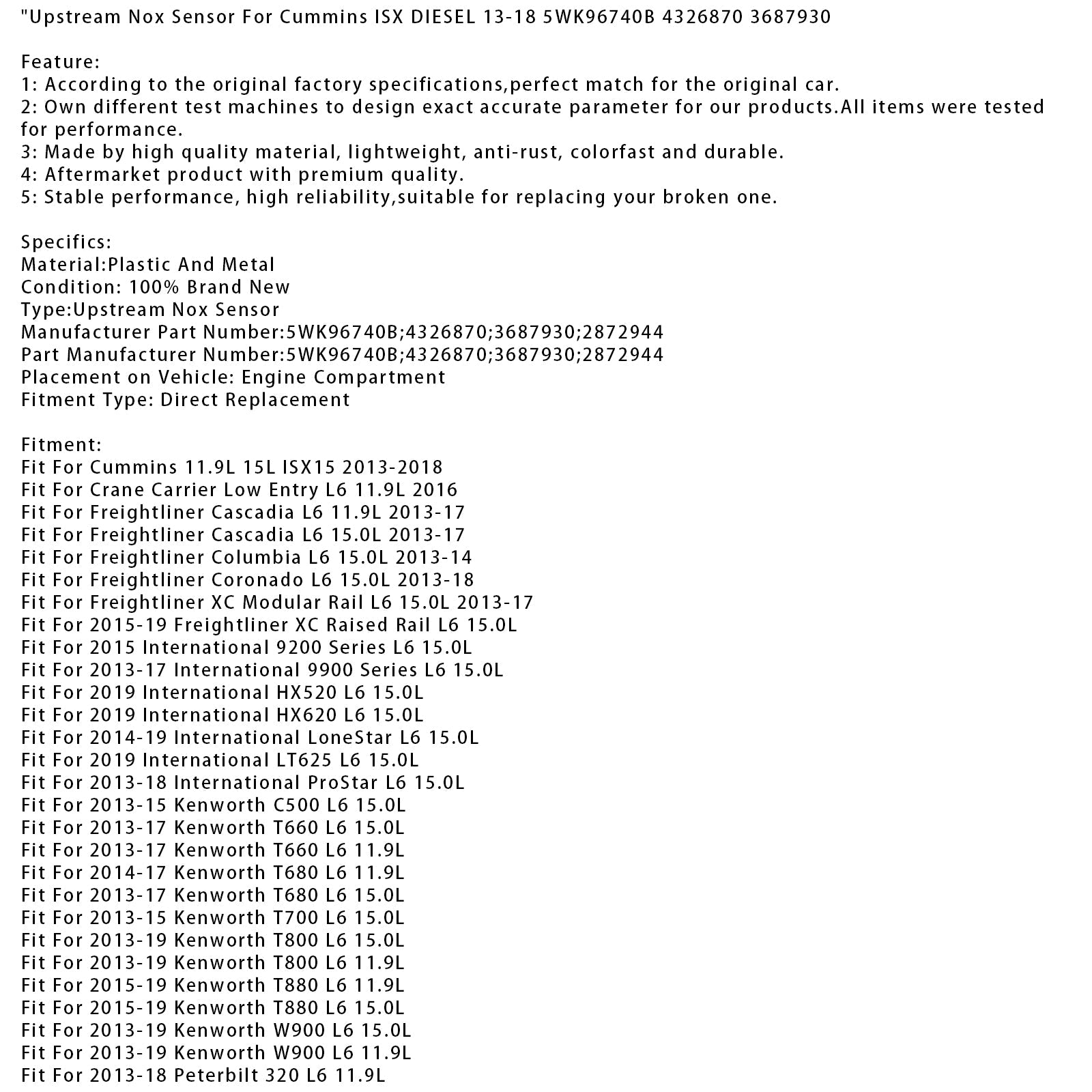 Gornji senzor NOx za Cummins ISX Diesel 13-18 5WK96740B 4326870 3687930