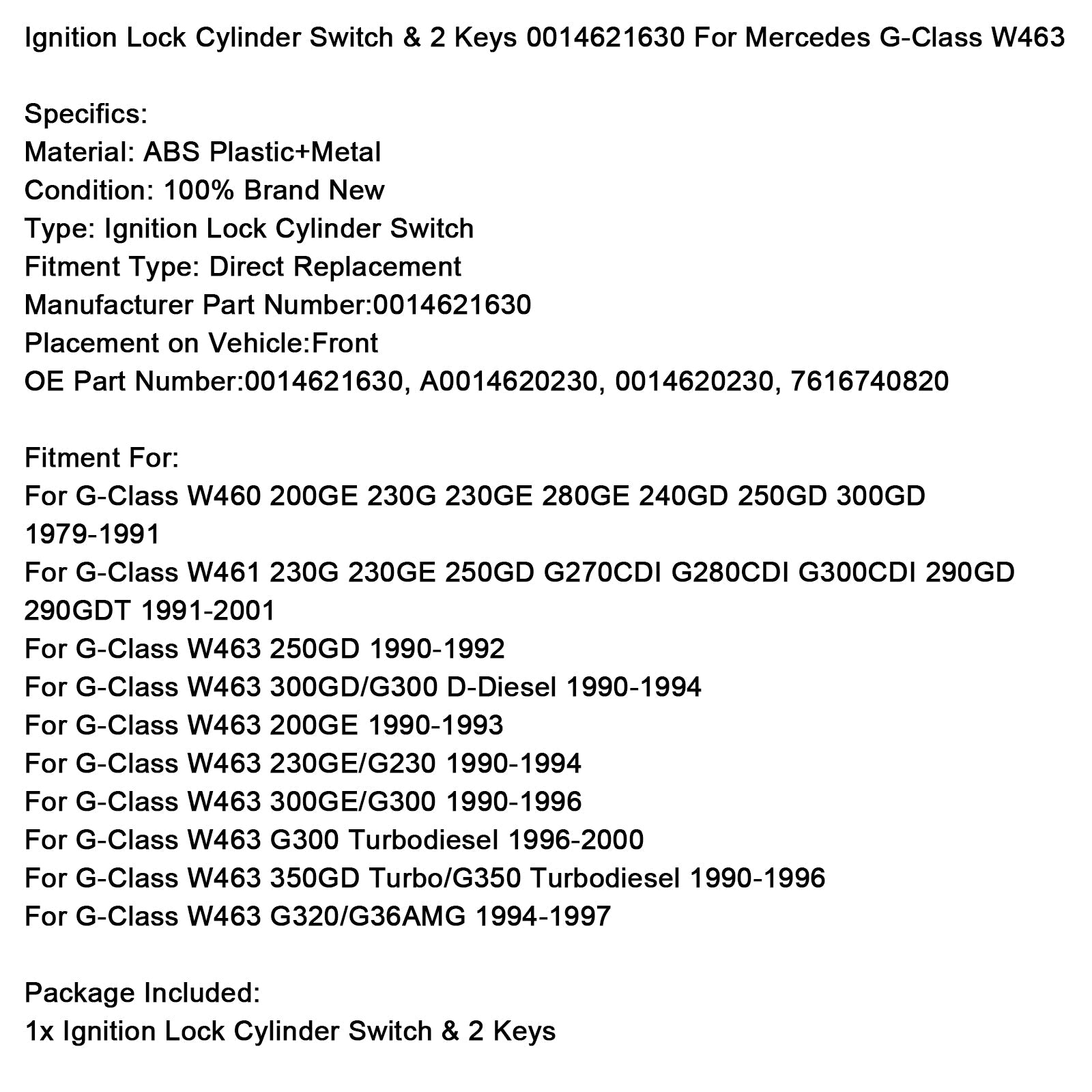 Slotcilinderschakelaar'contact en 2 sleutels 0014621630 voor Mercedes G-Klasse W463