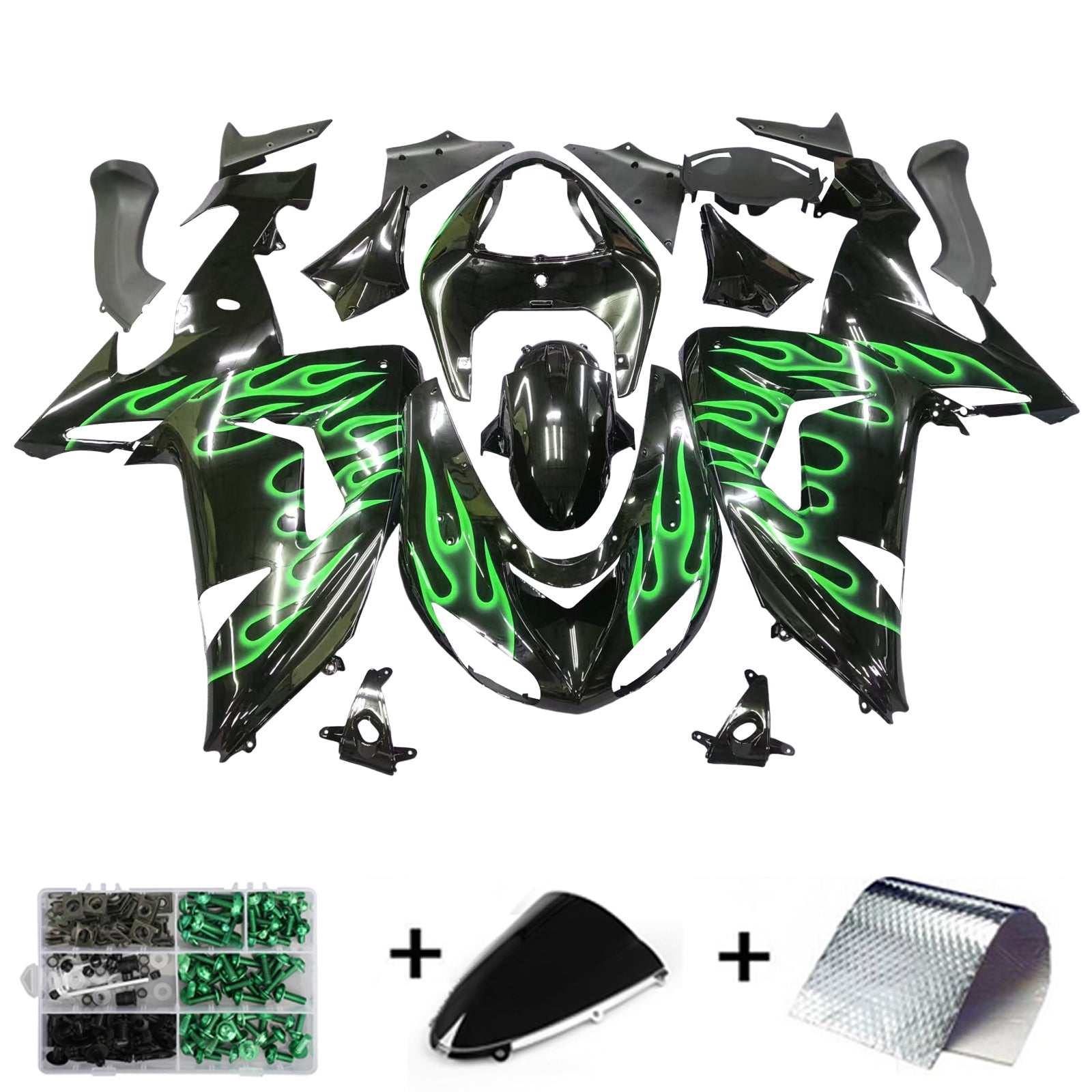 Green Flames Kit de carénage par injection , carrosserie en plastique ABS Pour Kawasaki ZX10R 2006 2007