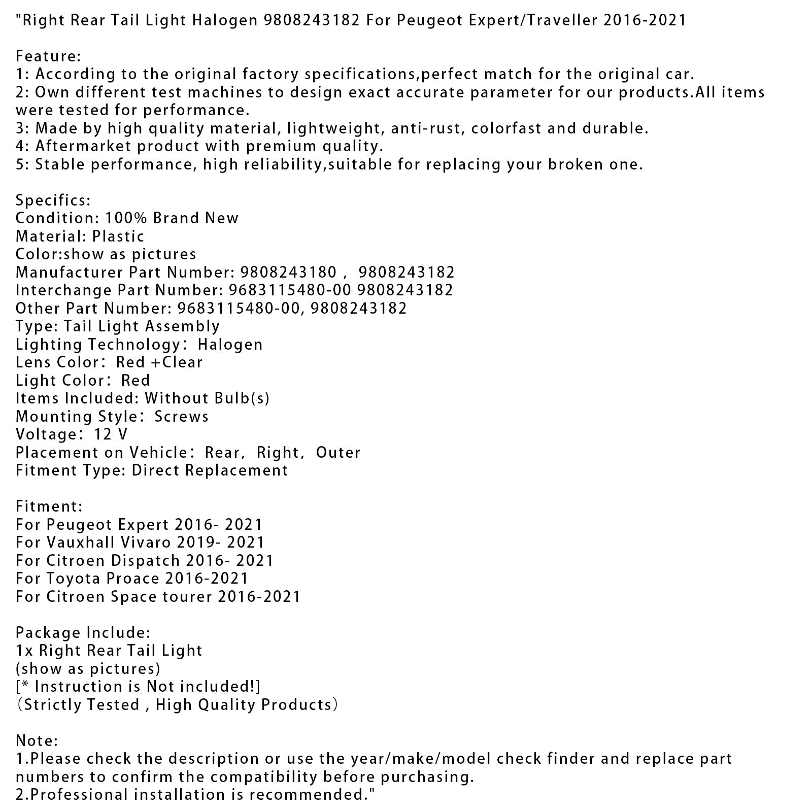 Rechter achterlicht halogeenlamp voor Toyota Proace (2016-2021) - Onderdeelnummers : 9808243180, 9808243180, 9808243182