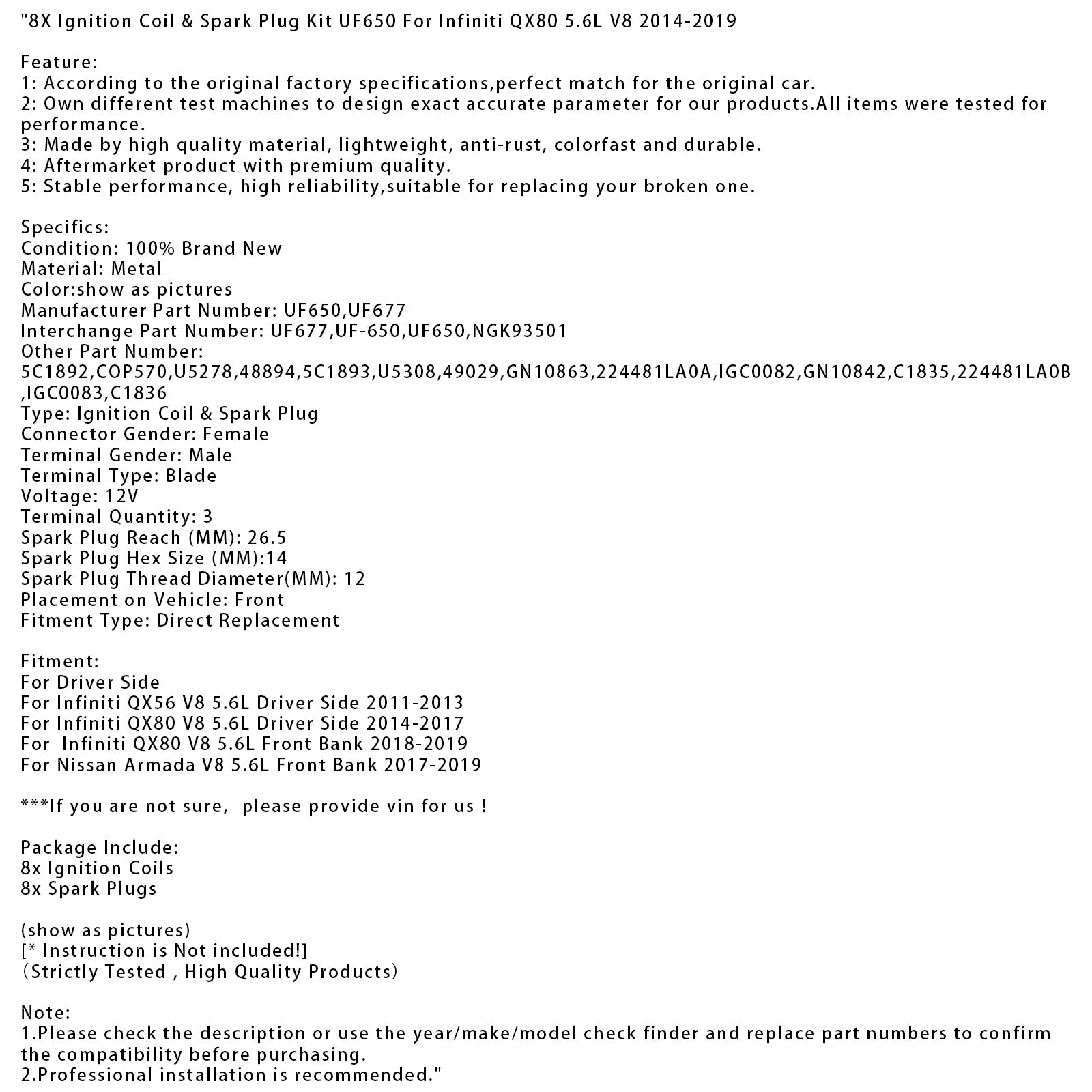 Kit de 8 bobinas de'Encendido y bujías UF650 para Infiniti QX80 5.6L V8 2014-2019