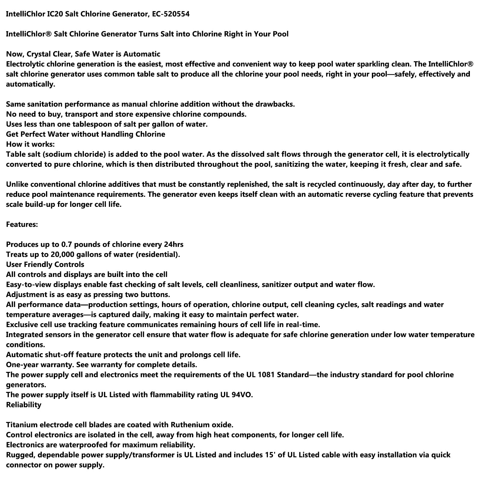 Sel Chloter IC20 EC-520554 para 20 000 galones de piscina de agua salada