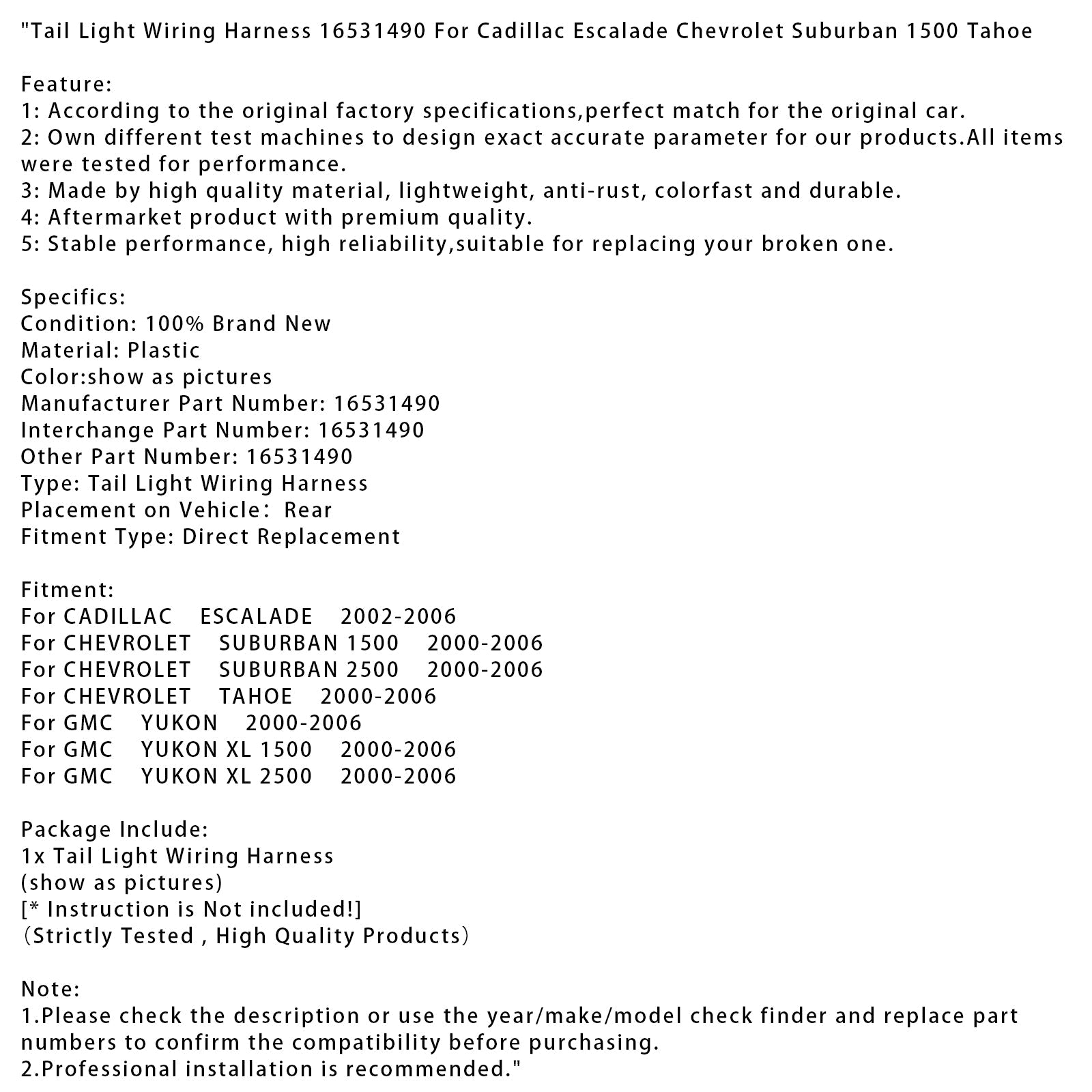 Achterlicht kabelboom 16531490 voor Cadillac Escalade en Chevrolet Suburban 1500