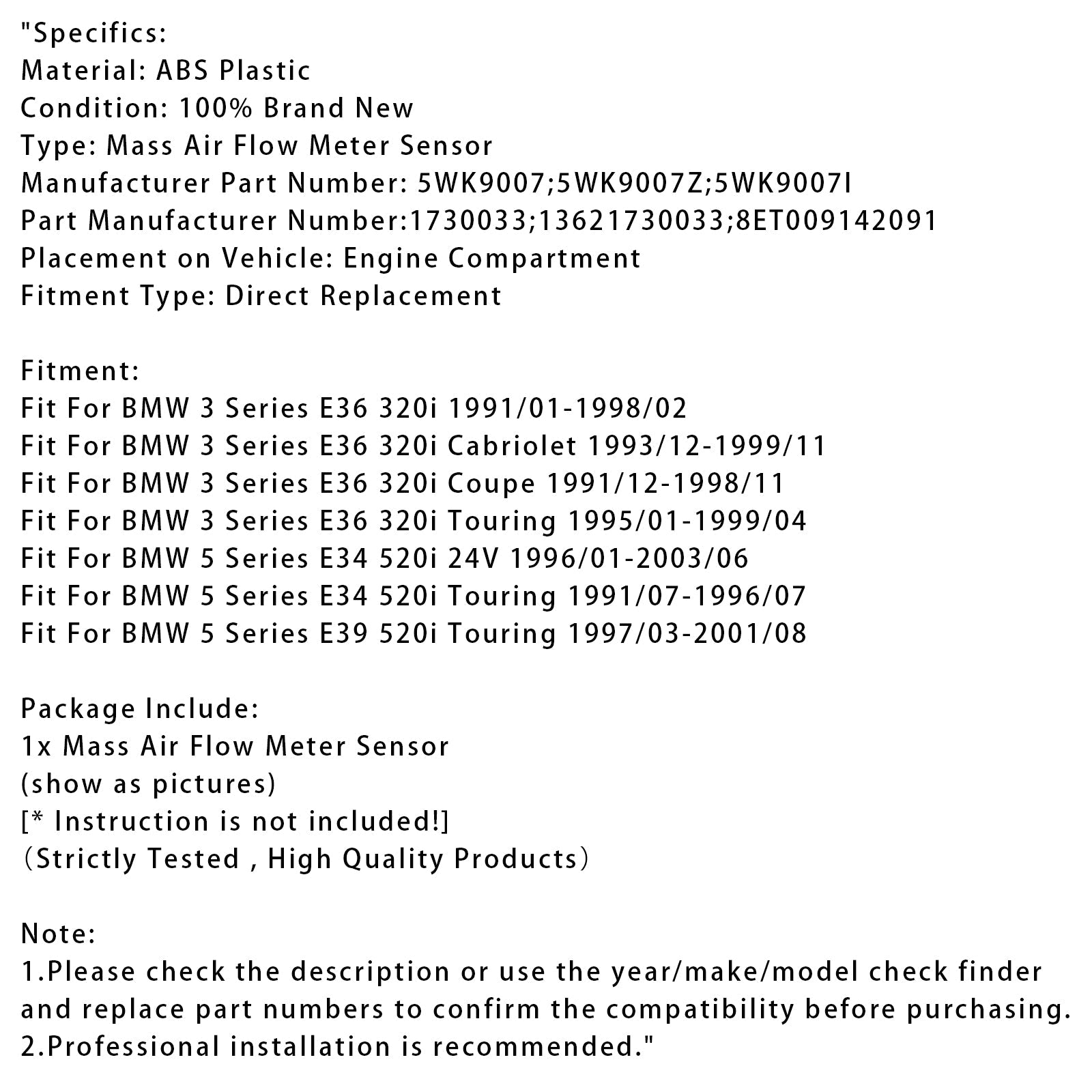Senzor merilnika pretoka d'masa zraka za BMW E36 E34 E39 320i 520i 5WK9007