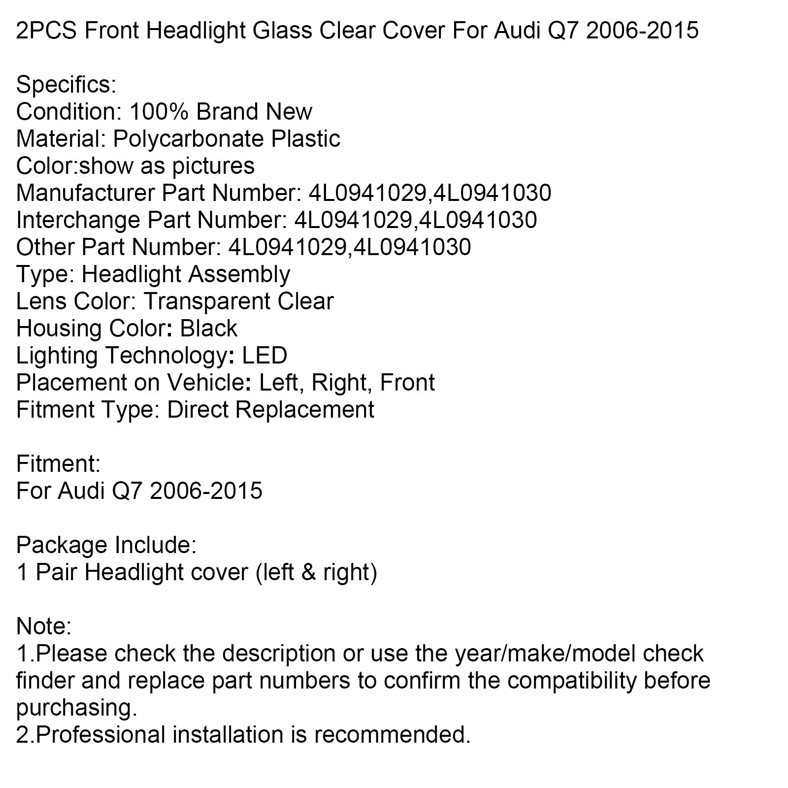 Lot de 2 caches transparents pour phares avant pour Audi Q7 2006-2015