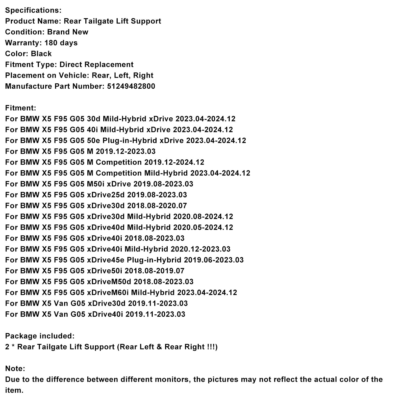 2020.08-2024.12BMW X5 F95 G05 xDrive30d Mild-Hybrid 2PCS Vérin à gaz électrique de hayon arrière 51249482800