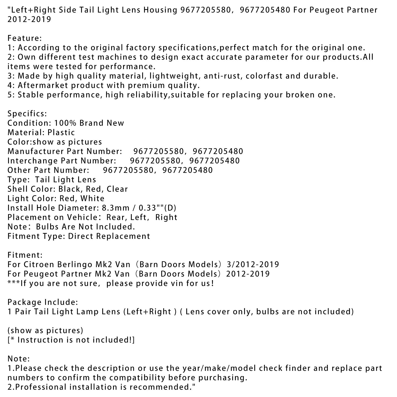 Lenting Lentil Lentil Box + Puegeot Partner Citroën Berlingo 2012-2019 9 677205580 96777205480