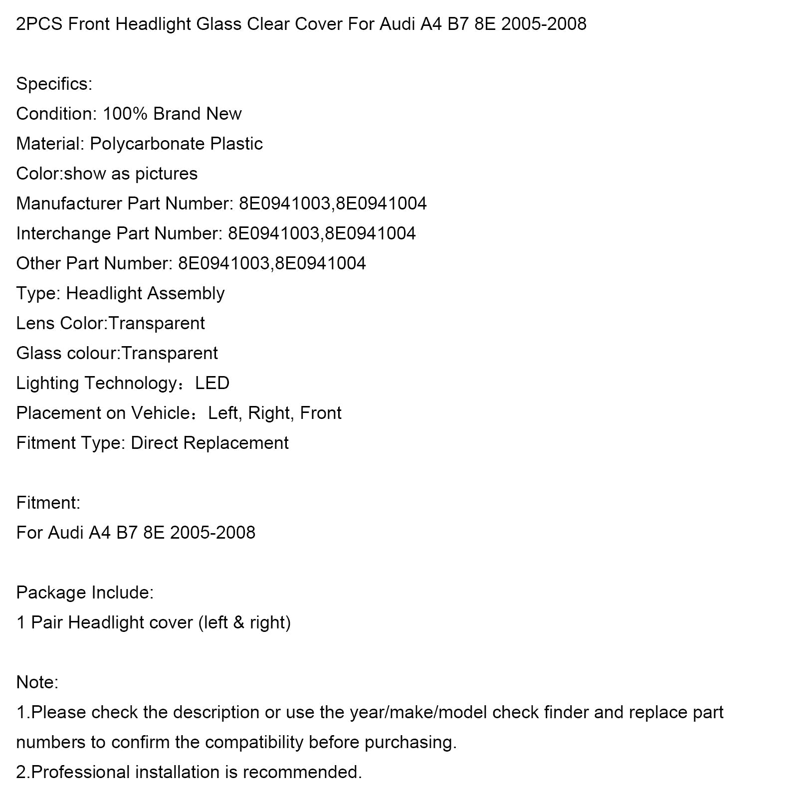 Conjunto de 2 cubiertas transparentes para faros delanteros Audi A4 B7 8th 2005-2008