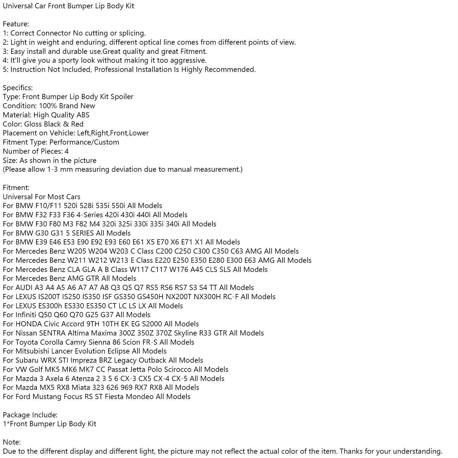 4 KOS Univerzalni komplet za sprednji odbijač avtomobila, komplet za ustnice, delilnik, spojler, difuzor, zaščita