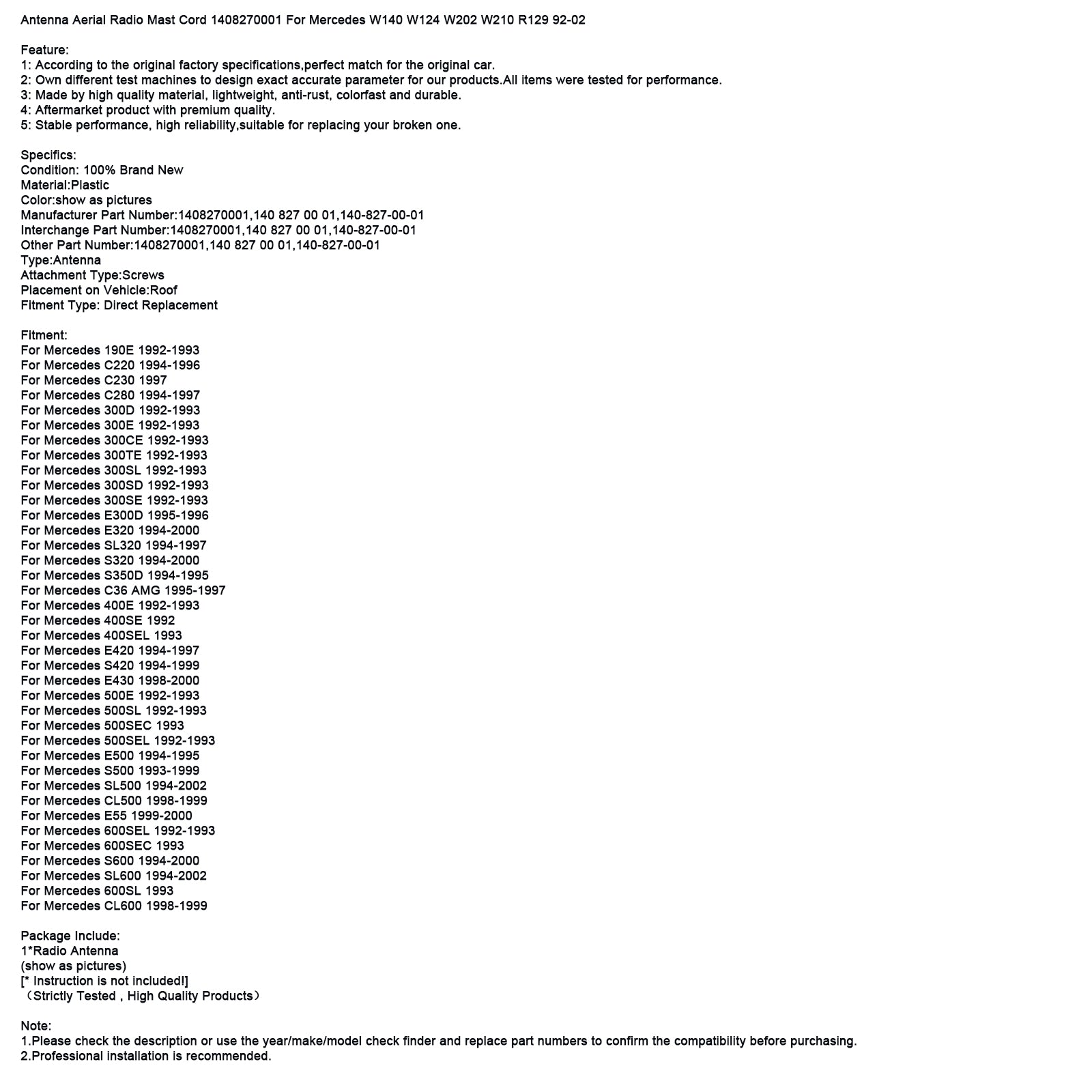 Câble d'antenne radio 1408270001 pour Mercedes W140 W124 W202 92-02