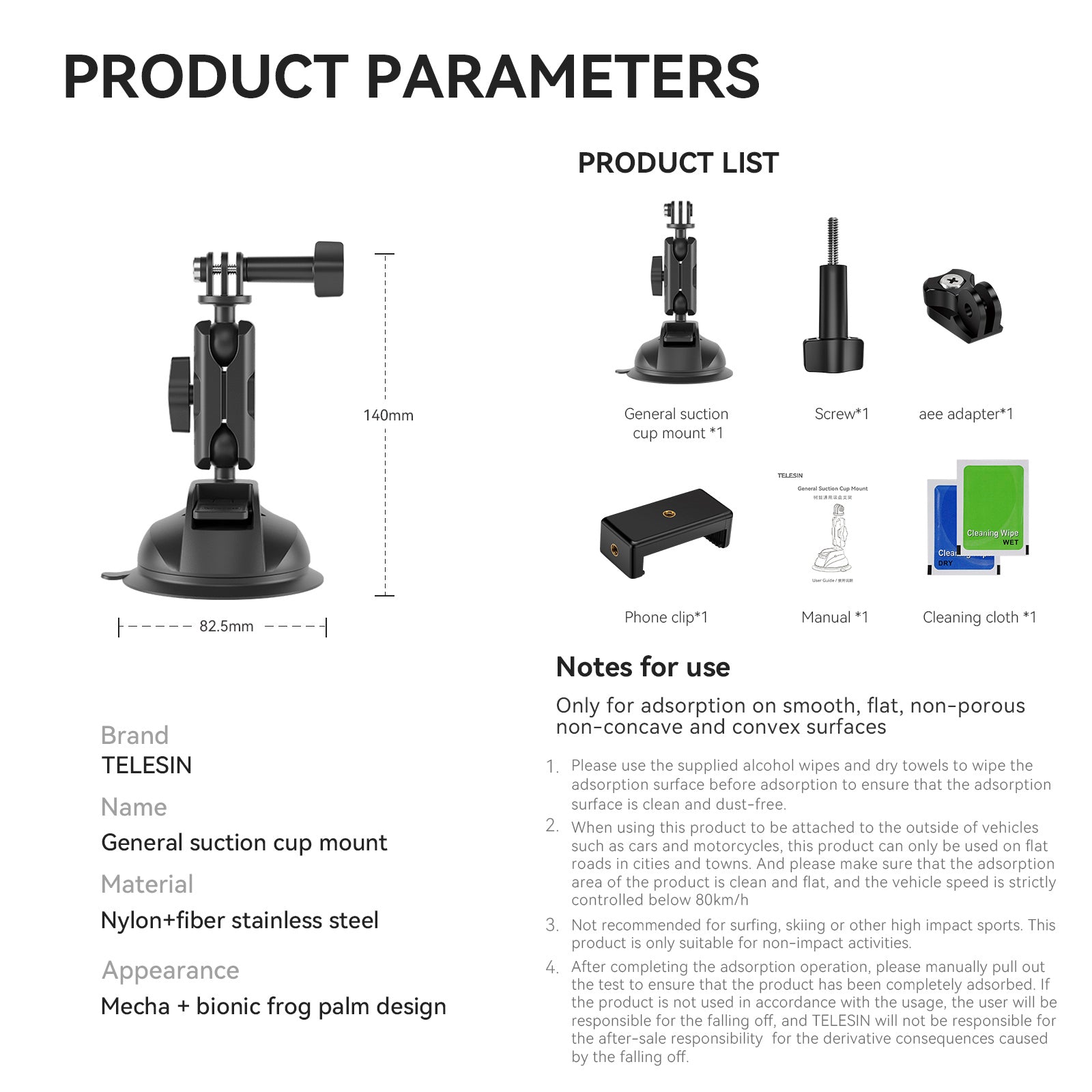 Support ventouse universel léger et robuste pour DJI GoPro 13/Insta 360 Go3