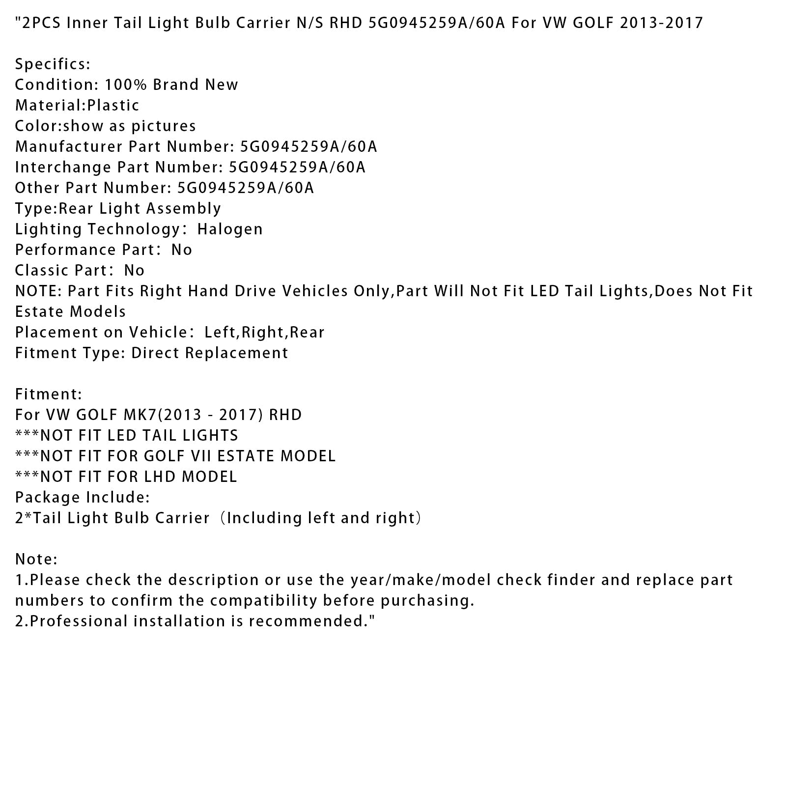 2-delige interieur achterkant achterste lamphouder voor VW Golf 2013-2017, bestuurderszijde, 5G0945259A/60A