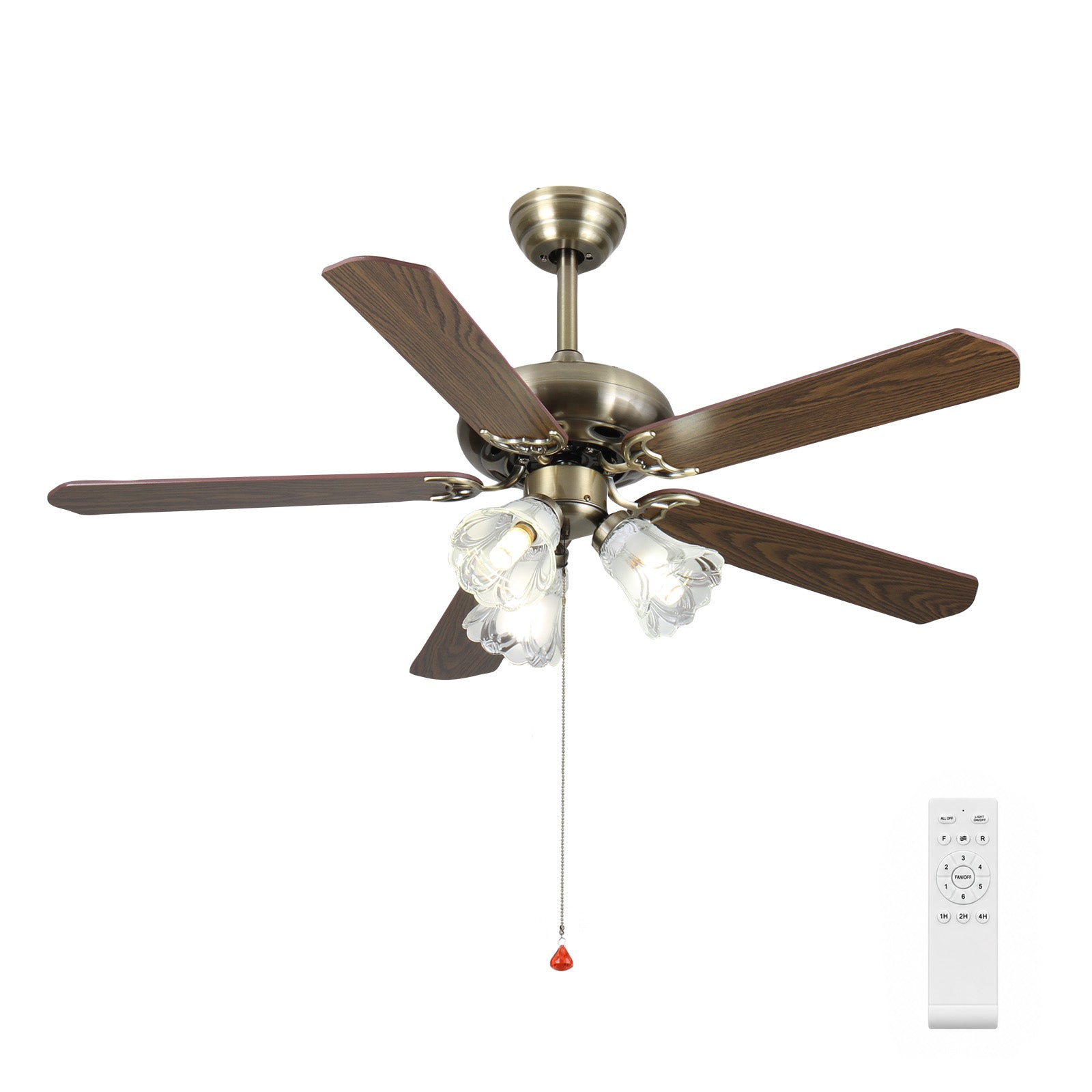 Ventilateur de Plafond Vintage 42" avec Éclairage – Télécommande, 6 Vitesses, Pales Réversibles, Bronze Antique et Noyer