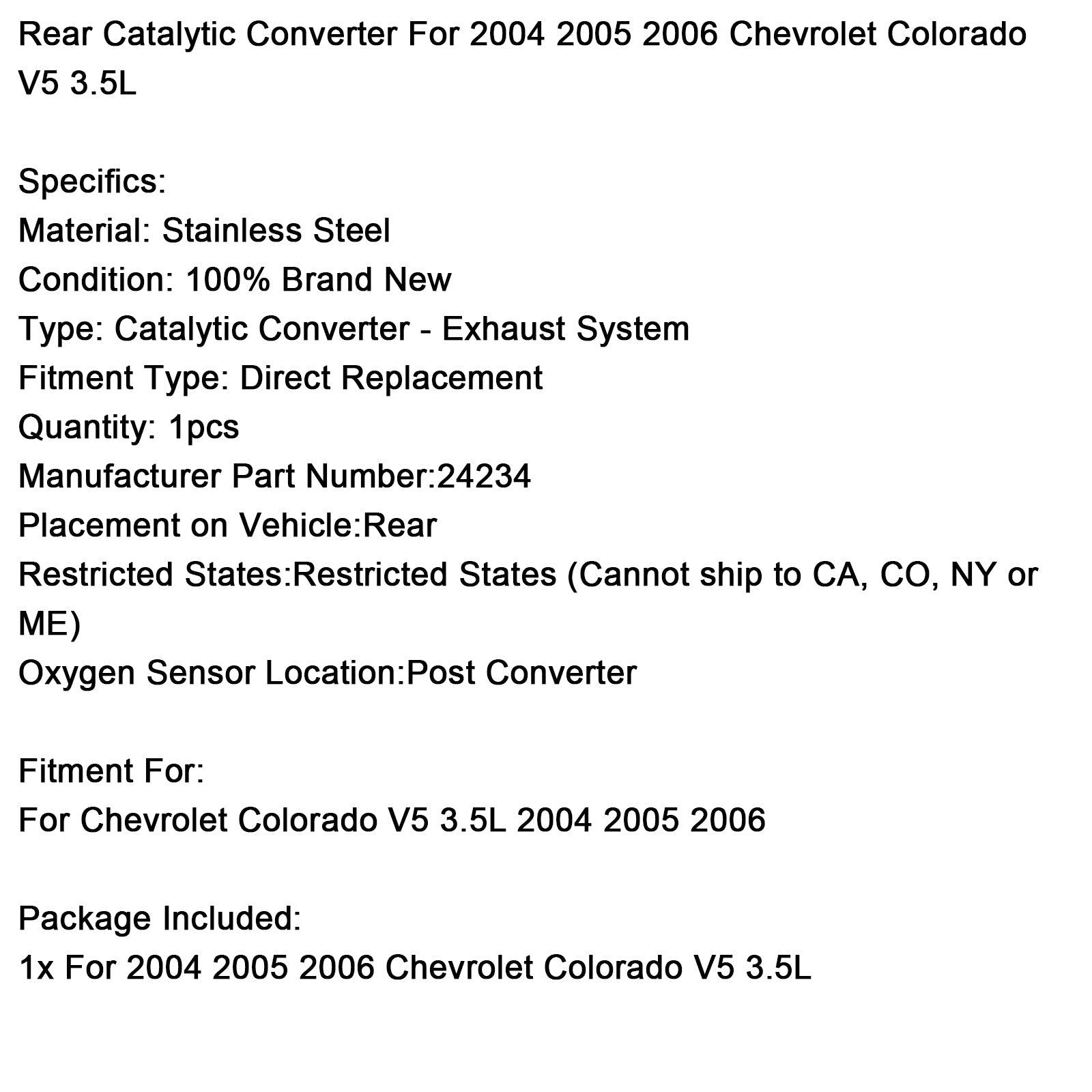 Convertisseur catalytique arrière 24234 pour Chevrolet Colorado V5 3,5 L 2004-2006