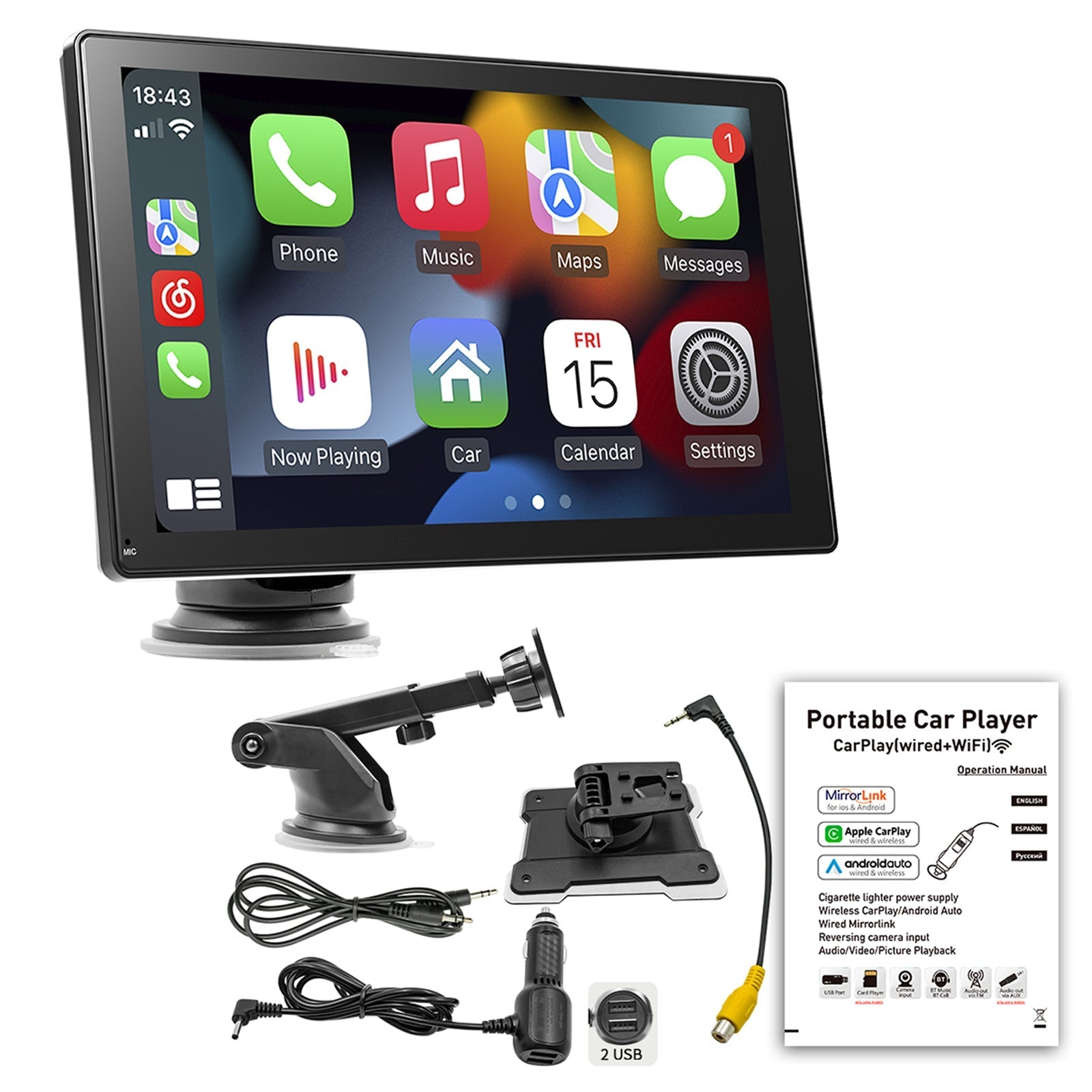 Lecteur MP5 de Voiture 9 pouces avec Apple Carplay/Android Auto, Bluetooth, Radio et 4 Caméras LED